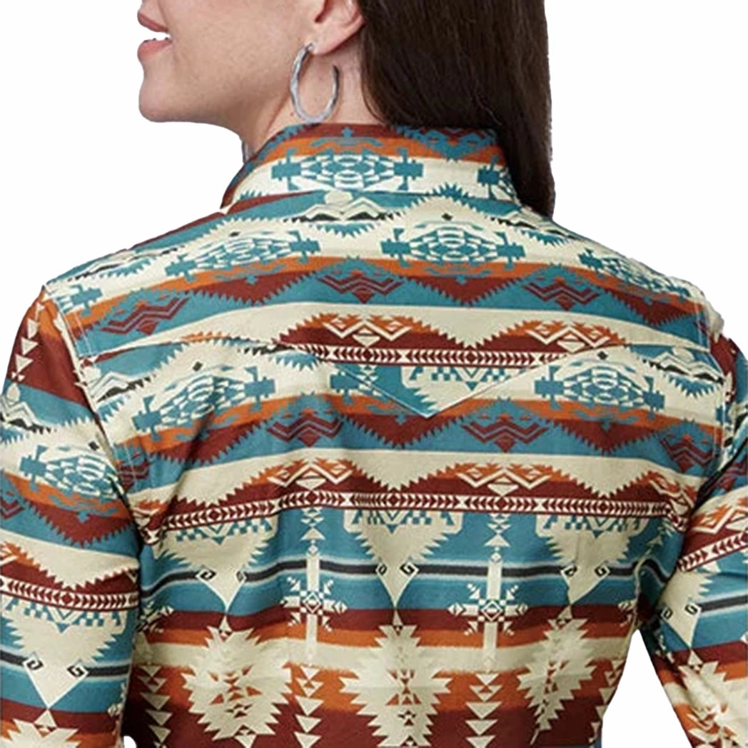 Roper Women's Natrual Aztec Serape Pearl Snap Long Sleeve Stretch Blouse