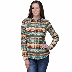 Roper Women's Natrual Aztec Serape Pearl Snap Long Sleeve Recycled Material Blend summer top