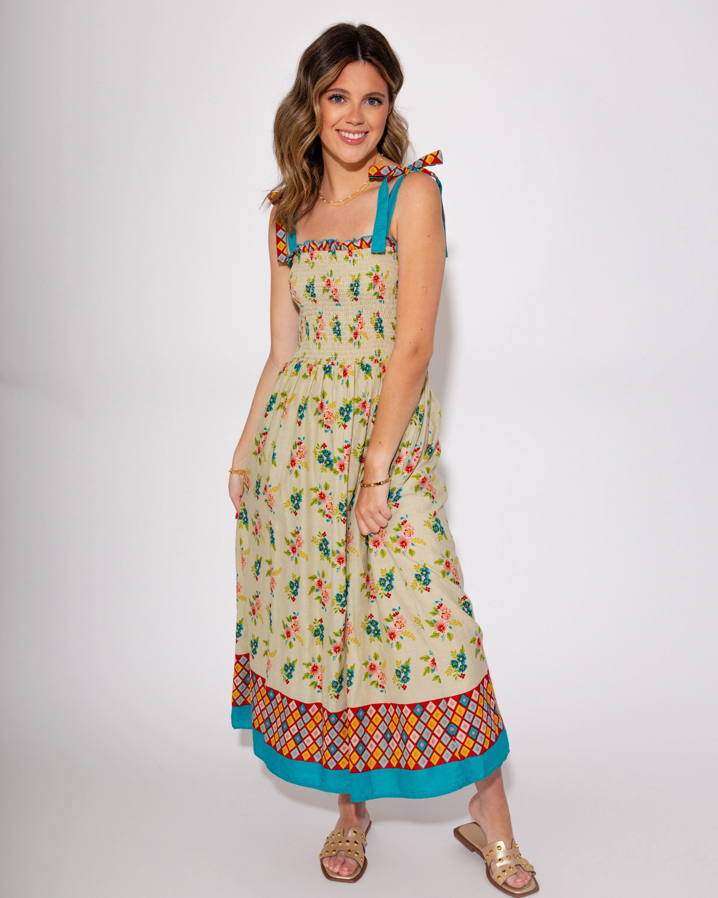 Relaxed Fit Look Semi Casual Blossom Breeze Smocked Midi Dress