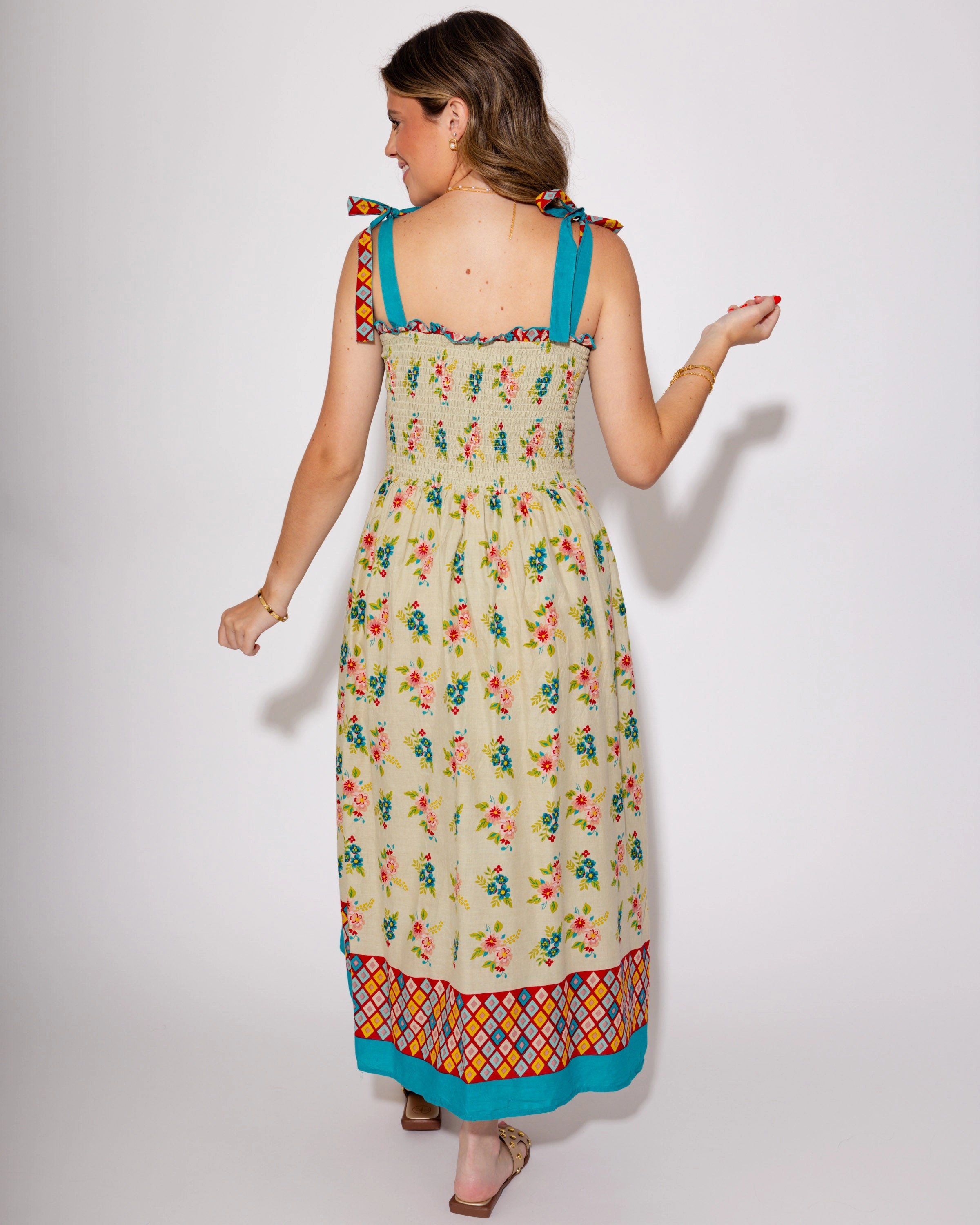 Modern Silhouette Smooth-Finish Blossom Breeze Smocked Midi Dress