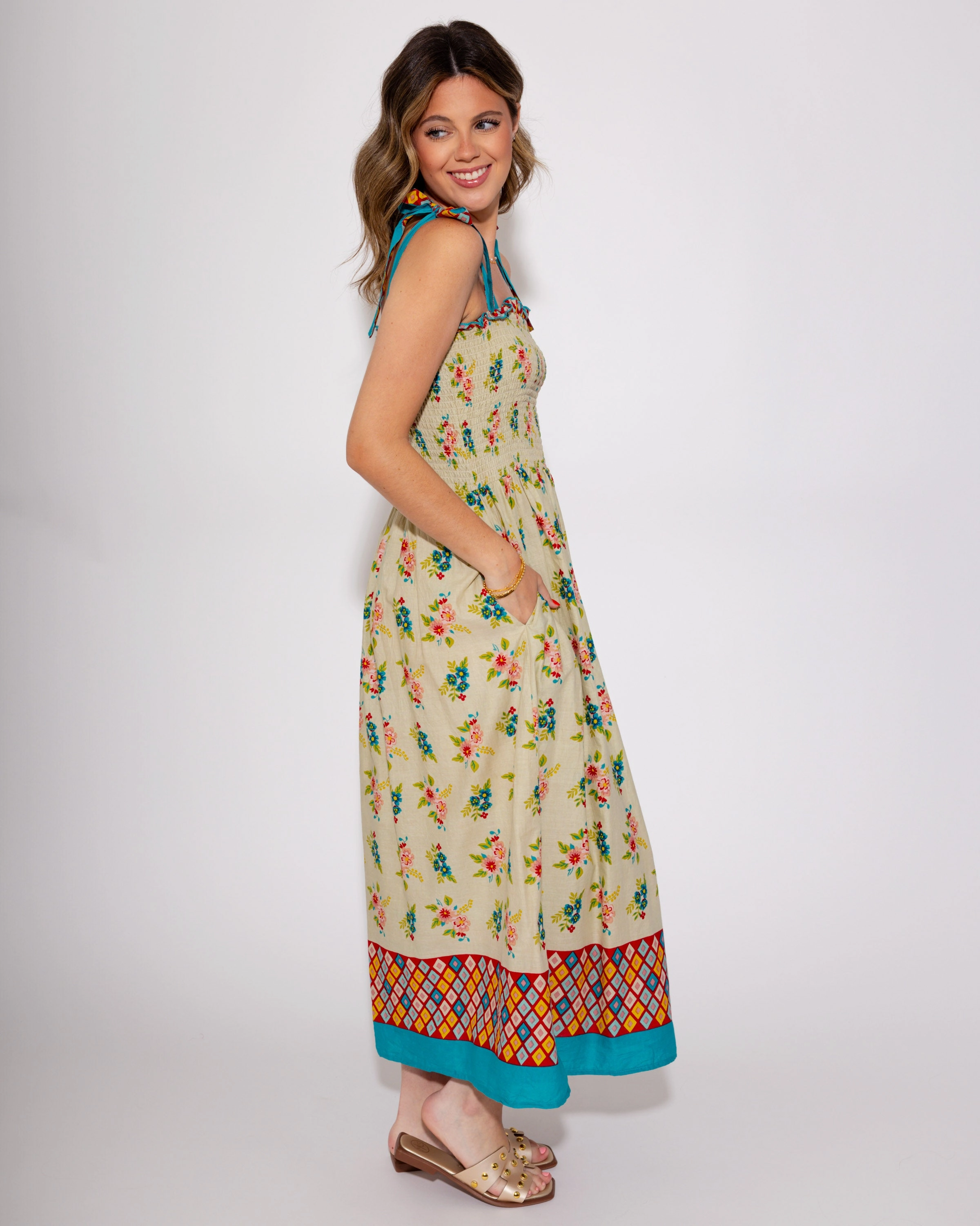 Blossom Breeze Smocked Midi Dress Cool Elegance