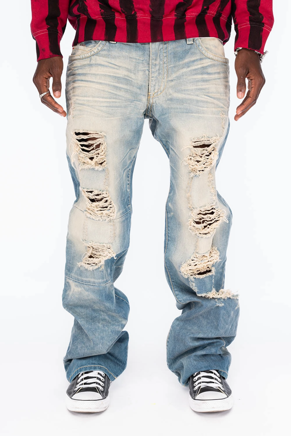 VINTAGE INDIGO DISTRESSED ,RIPPED JEAN  IN OMAHA BROKEN WASH WITH  RED CRYSTALS Smooth Form Neutral Daily Wear