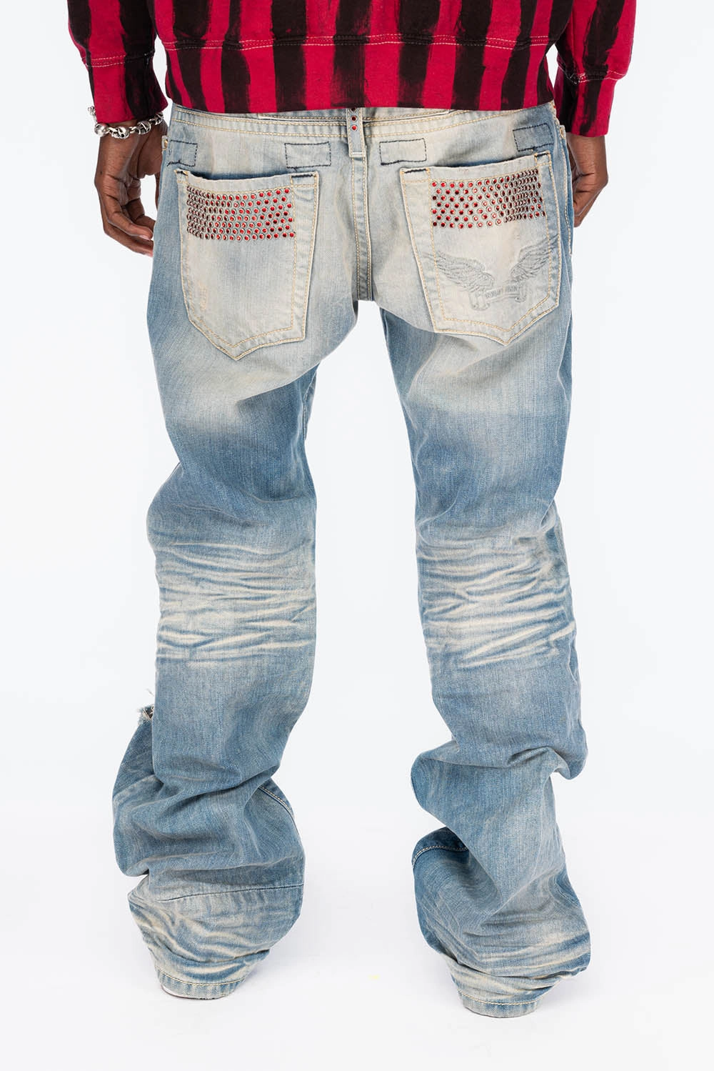 Artist Vibe Everyday Rainy Day Weekend Wear VINTAGE INDIGO DISTRESSED ,RIPPED JEAN  IN OMAHA BROKEN WASH WITH  RED CRYSTALS