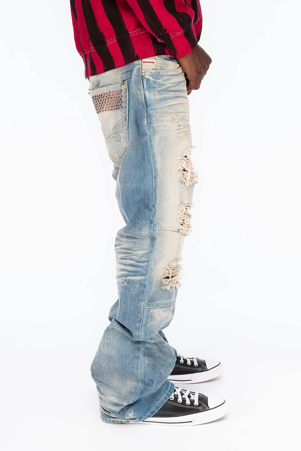 Quick Drying Fabric VINTAGE INDIGO DISTRESSED ,RIPPED JEAN  IN OMAHA BROKEN WASH WITH  RED CRYSTALS