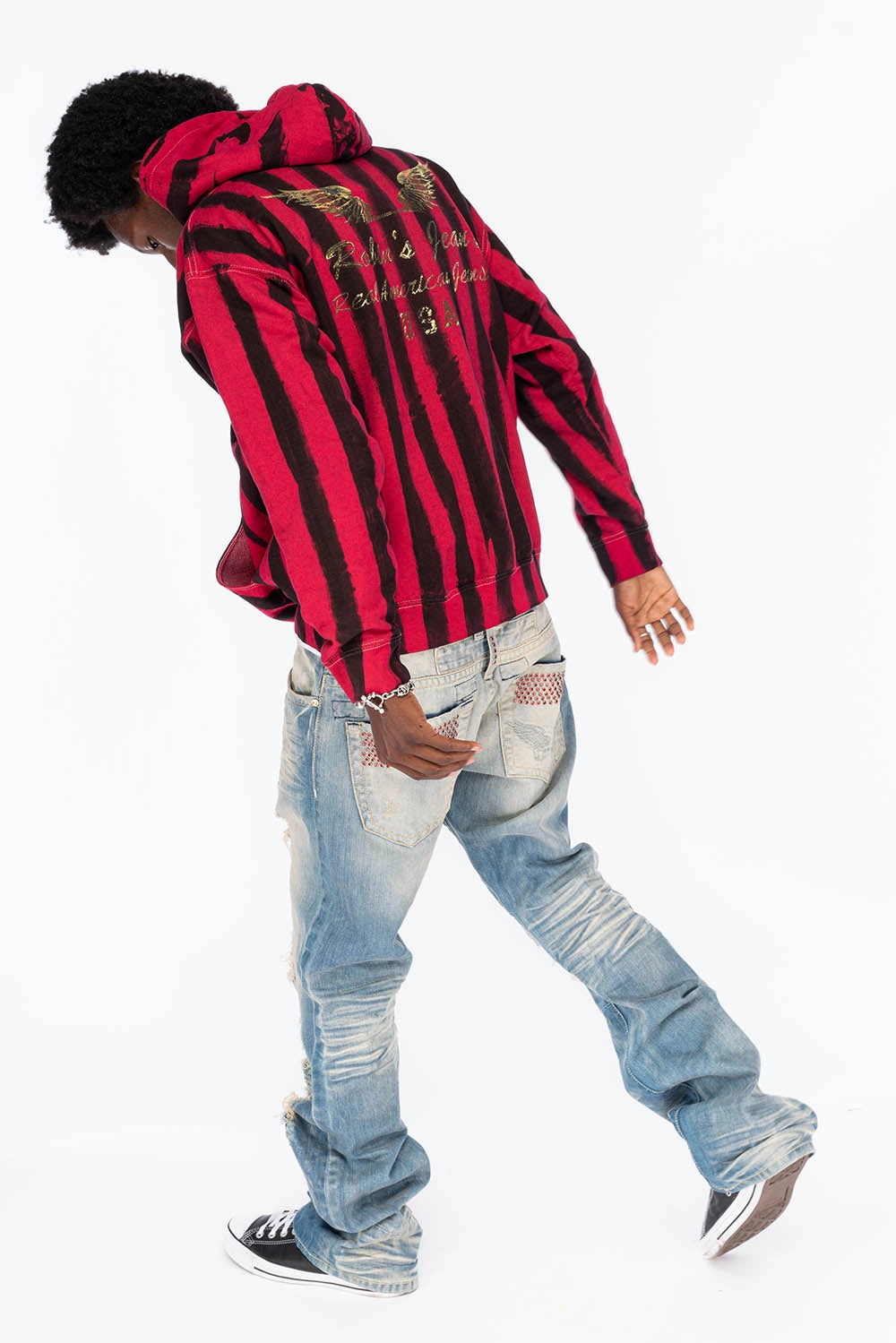 Travel Outfit Professional Wear Sustainable Creative Look VINTAGE INDIGO DISTRESSED ,RIPPED JEAN  IN OMAHA BROKEN WASH WITH  RED CRYSTALS