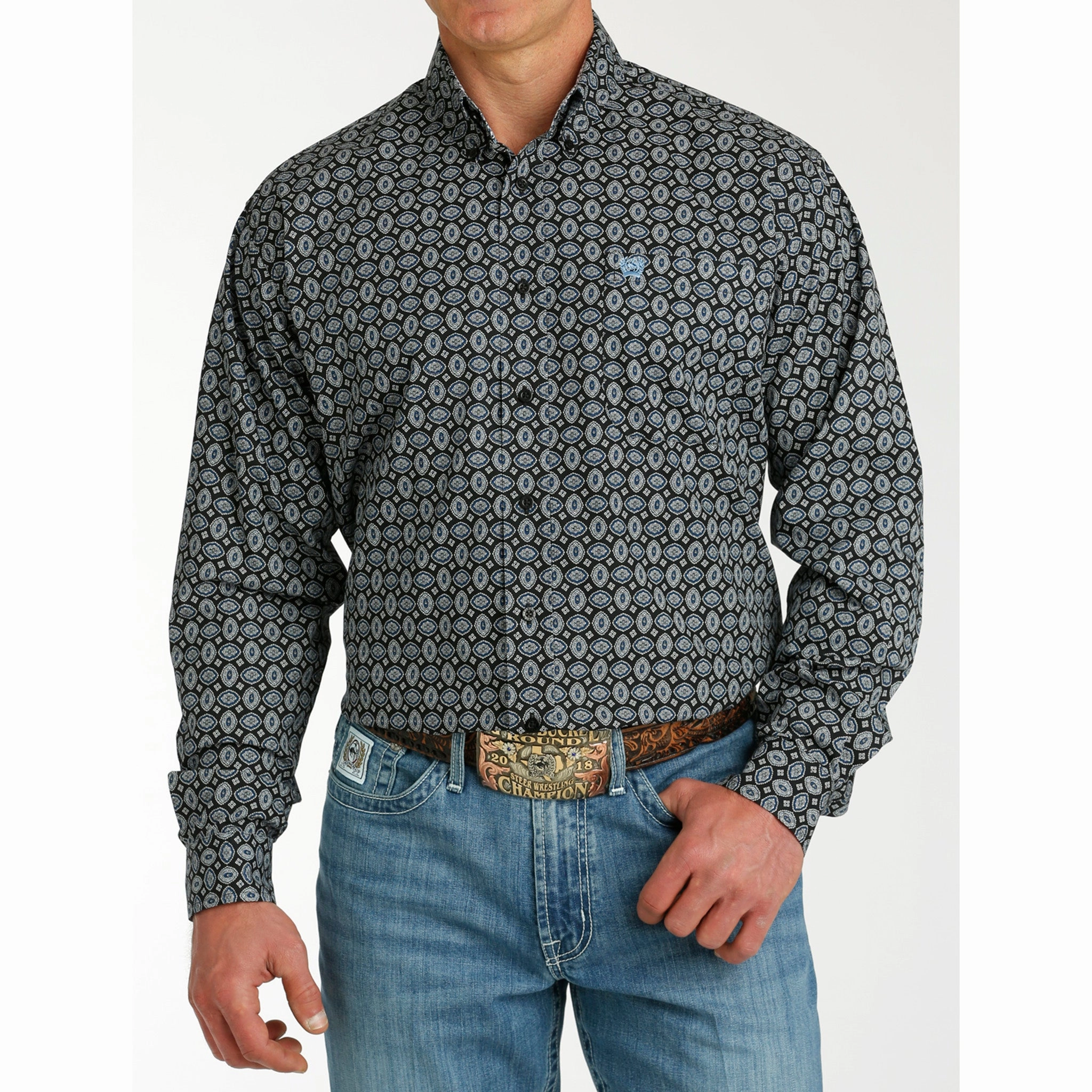 Sleek Style tailored look Cinch Men's Black & Blue Geo Print Long Sleeve