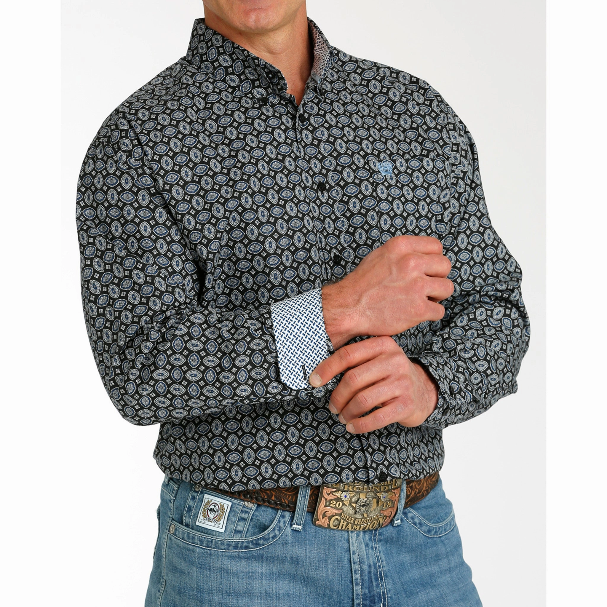 Sleek Style Abrasion Resistant Edges Cinch Men's Black & Blue Geo Print Long Sleeve