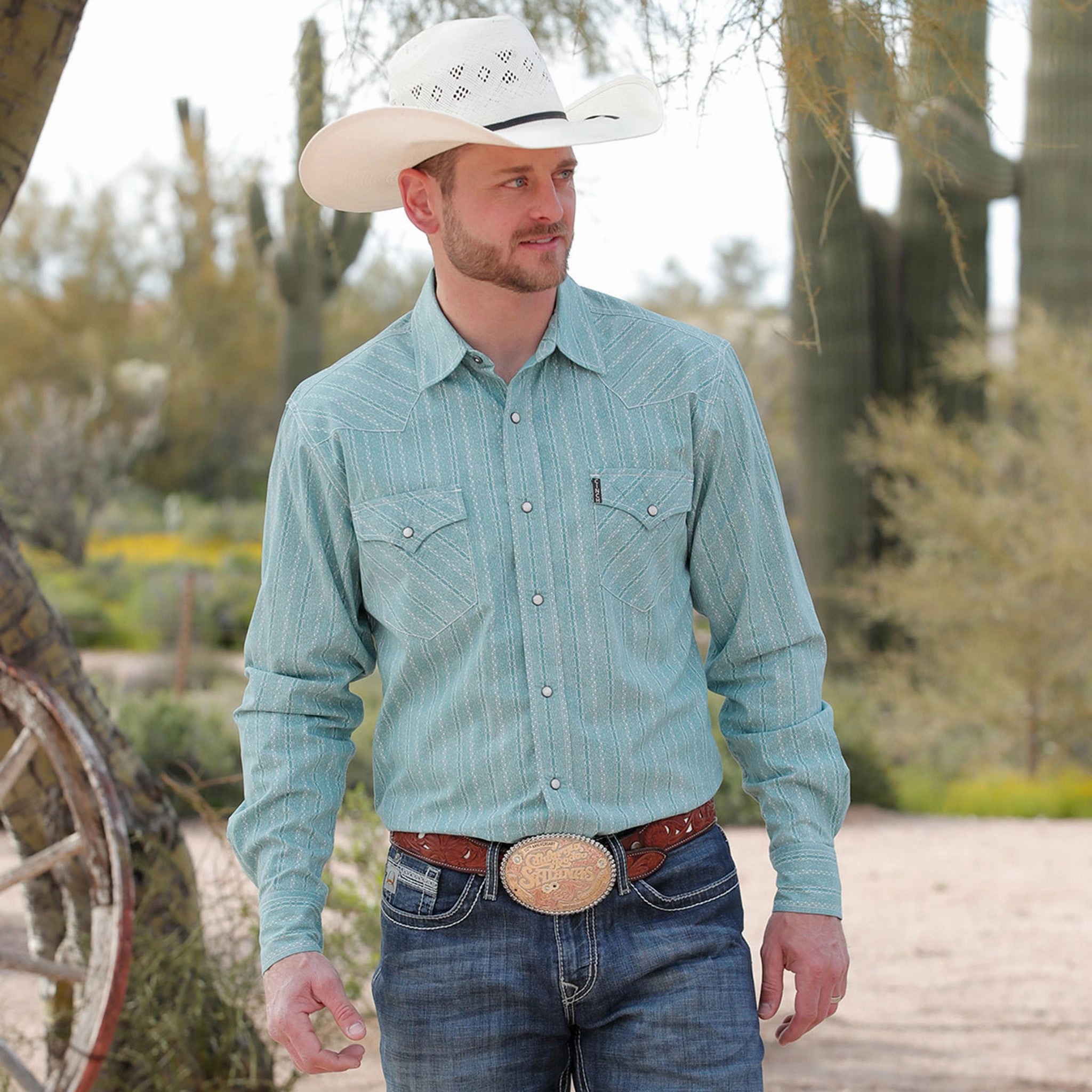 Cinch Men's Turquoise Print Snap Front Shirt Tropical theme