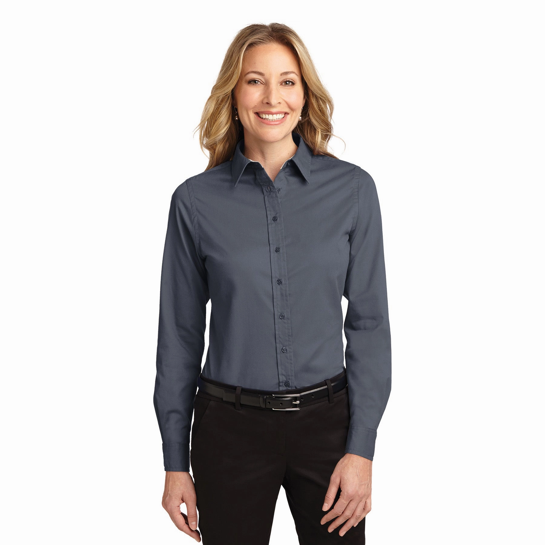 DoubleLayered Neckline Port Authority Women's Steel Grey Easy Care Long Sleeve Shirt