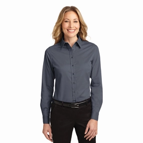 DoubleLayered Neckline Port Authority Women's Steel Grey Easy Care Long Sleeve Shirt