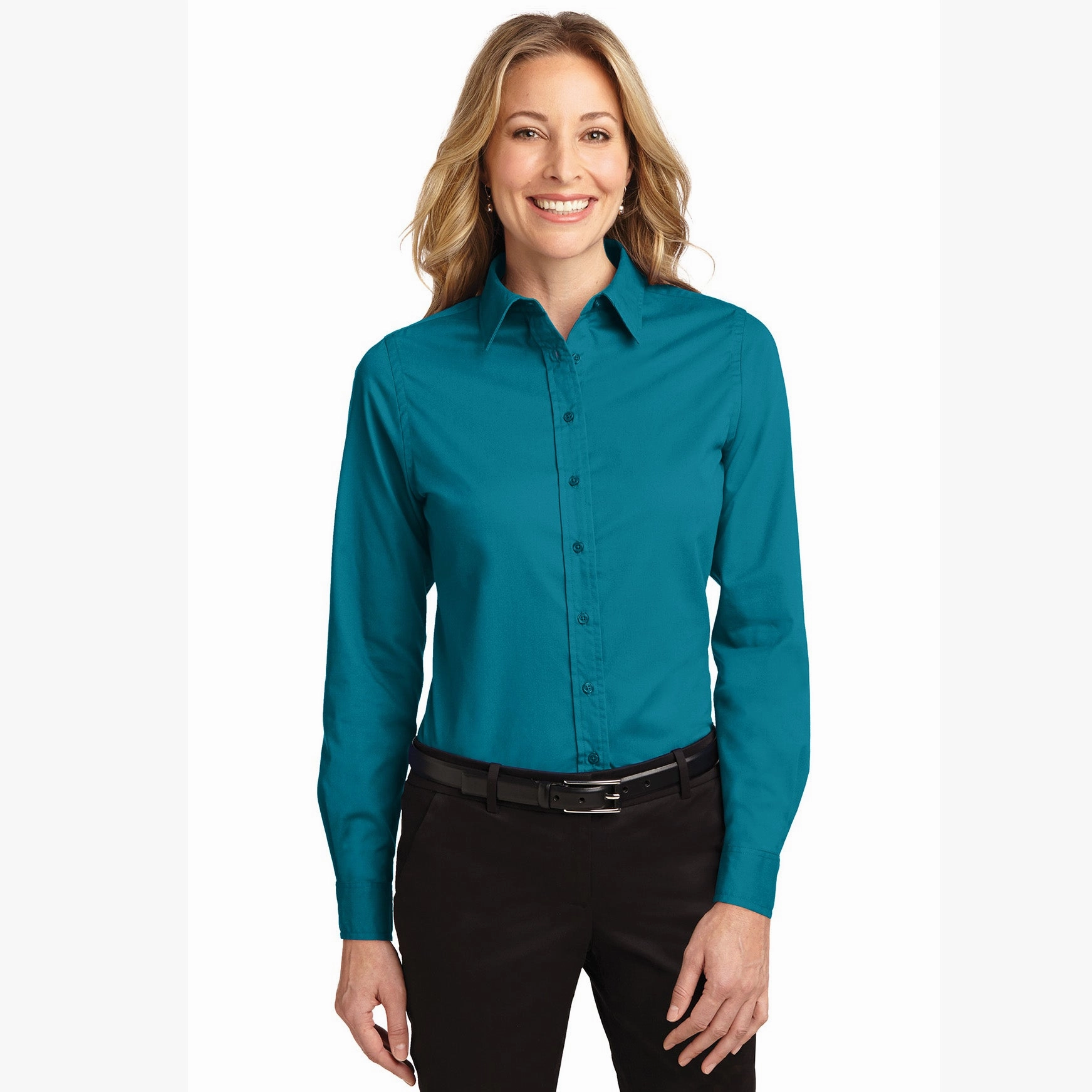Soft Cotton Blend Port Authority Women's Teal Green Long Sleeve Shirt