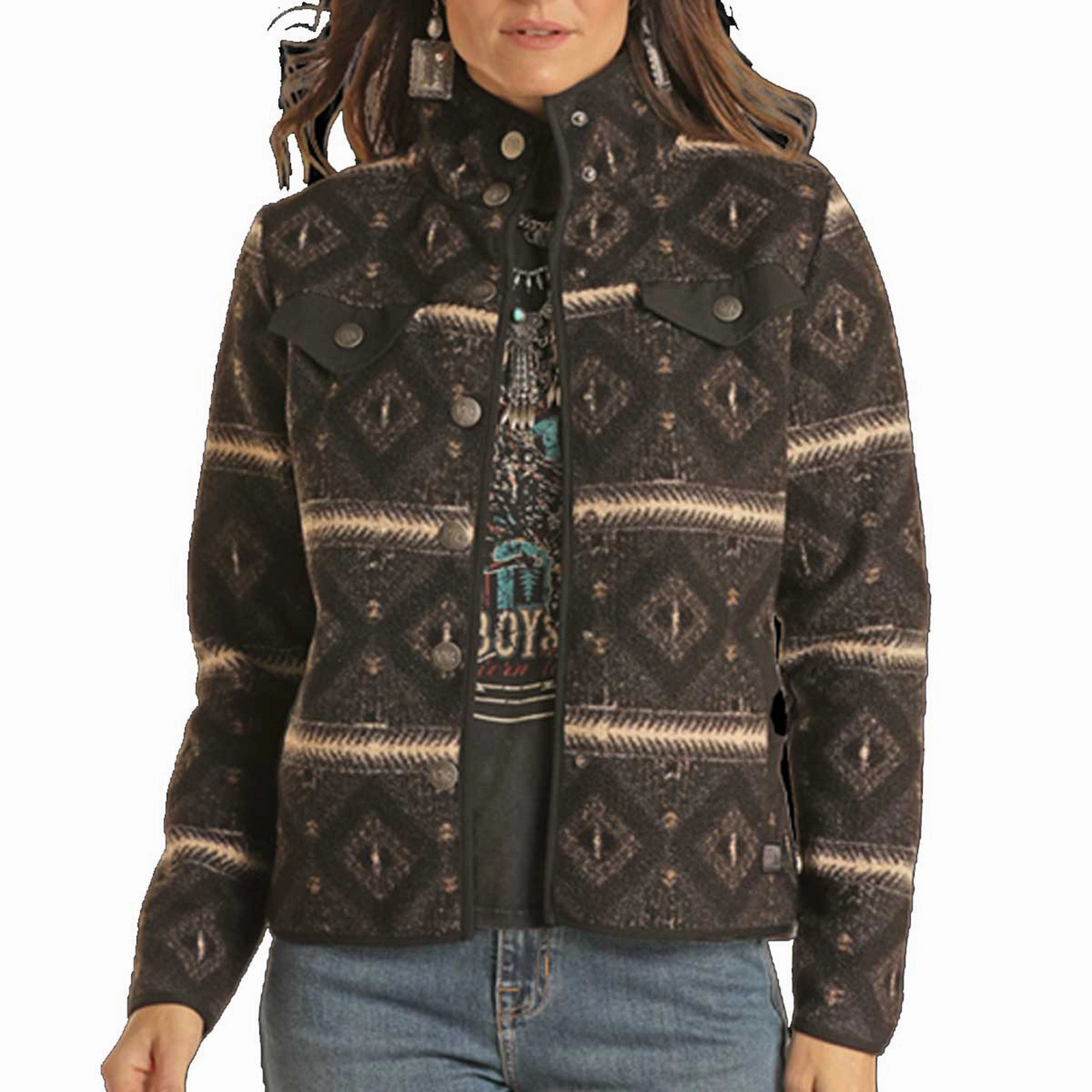 Powder River Women's Charcoal Aztec Jacket Utility Pockets Water Resistant Fabric