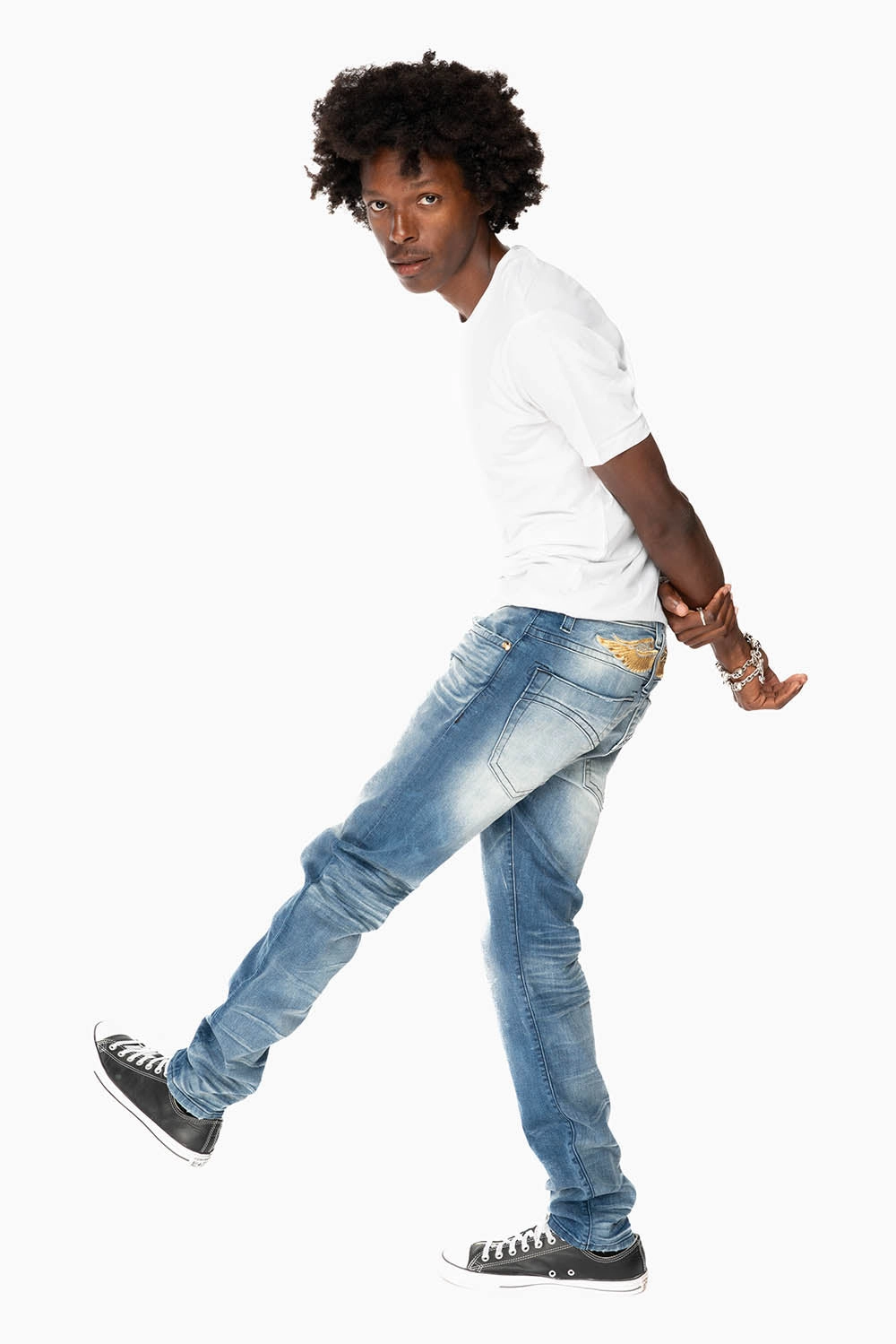 Sleek Silhouette Sustainable Beach Day MENS SKINNY JEANS IN OMAHA MEDIUM WASH WITH GOLD WING EMBROIDERY