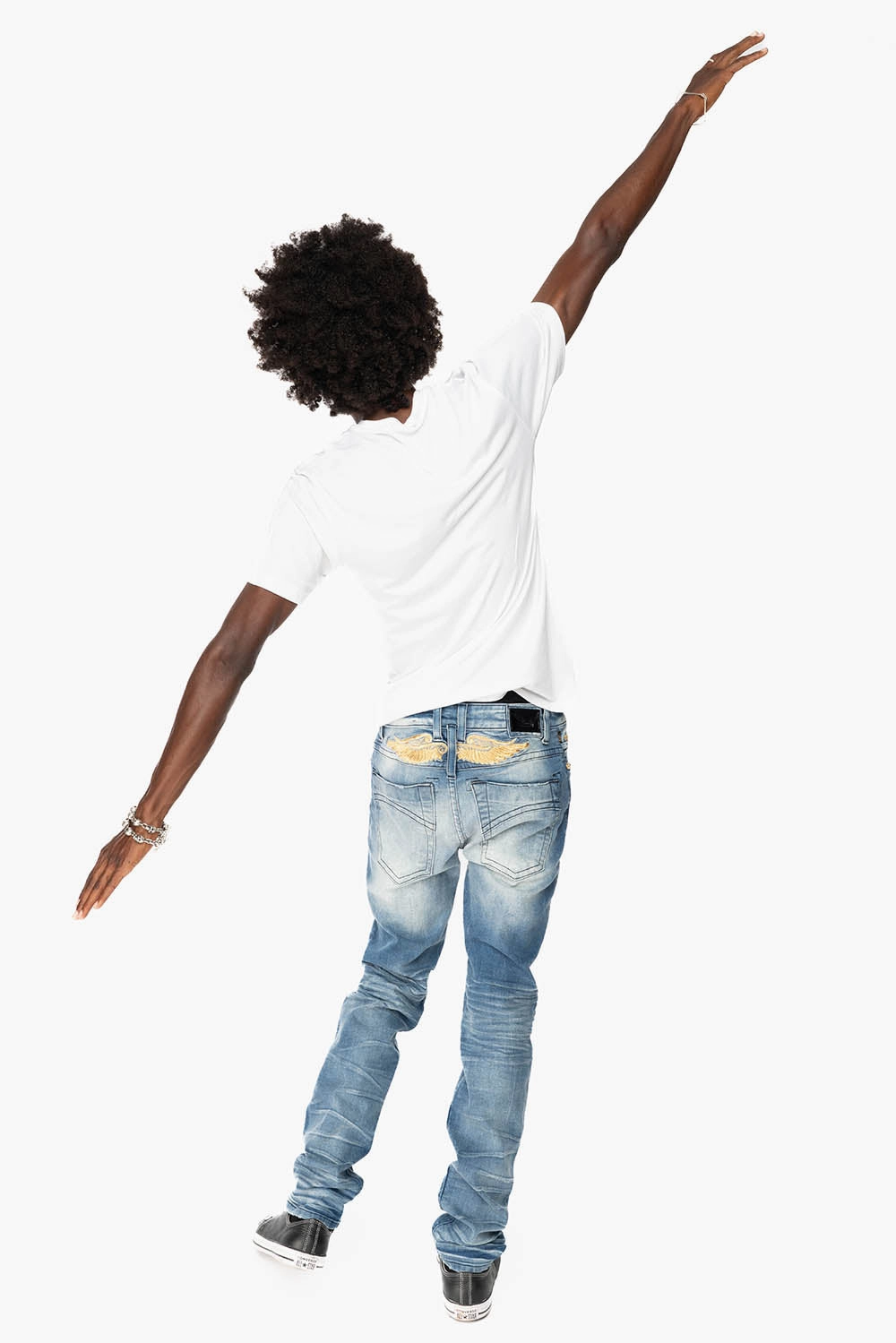 MENS SKINNY JEANS IN OMAHA MEDIUM WASH WITH GOLD WING EMBROIDERY Soft Touch Flexible Fit