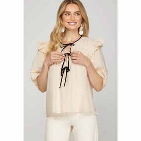 Stretchy Top StaticResistant Material Cream/Black Tie Ruffle Short Sleeve Shirt