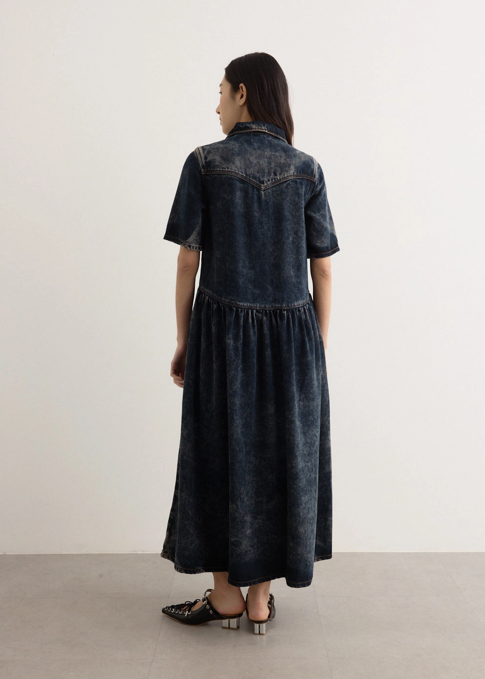 Light Denim Long Dress Gentle Fit Gemstone-Detail