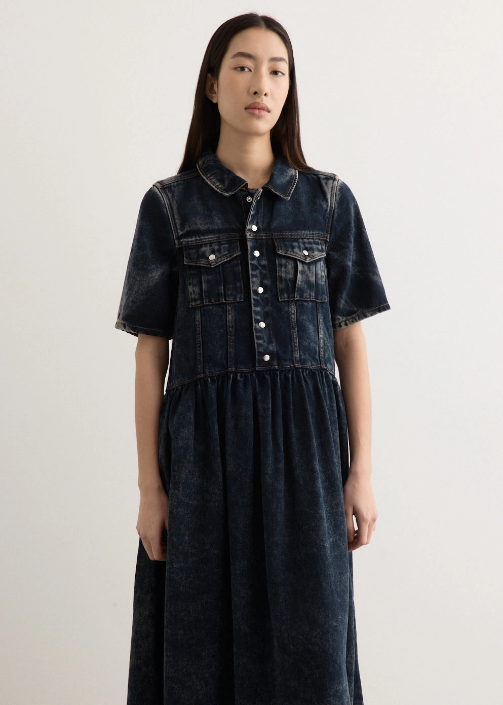 Light Denim Long Dress Flattering Fit Wear Clear Blush