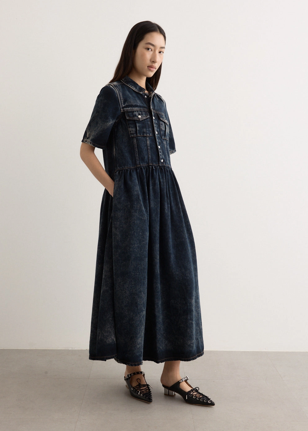 Golden Scene Light Denim Long Dress