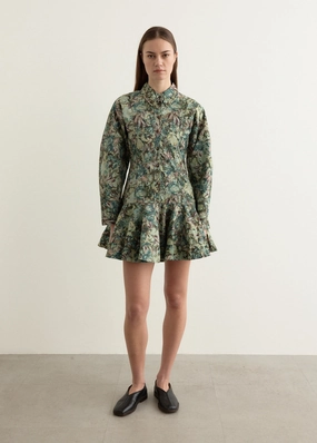 Printed Stretch Cotton Buttoned Mini Dress Relaxed-fit gown