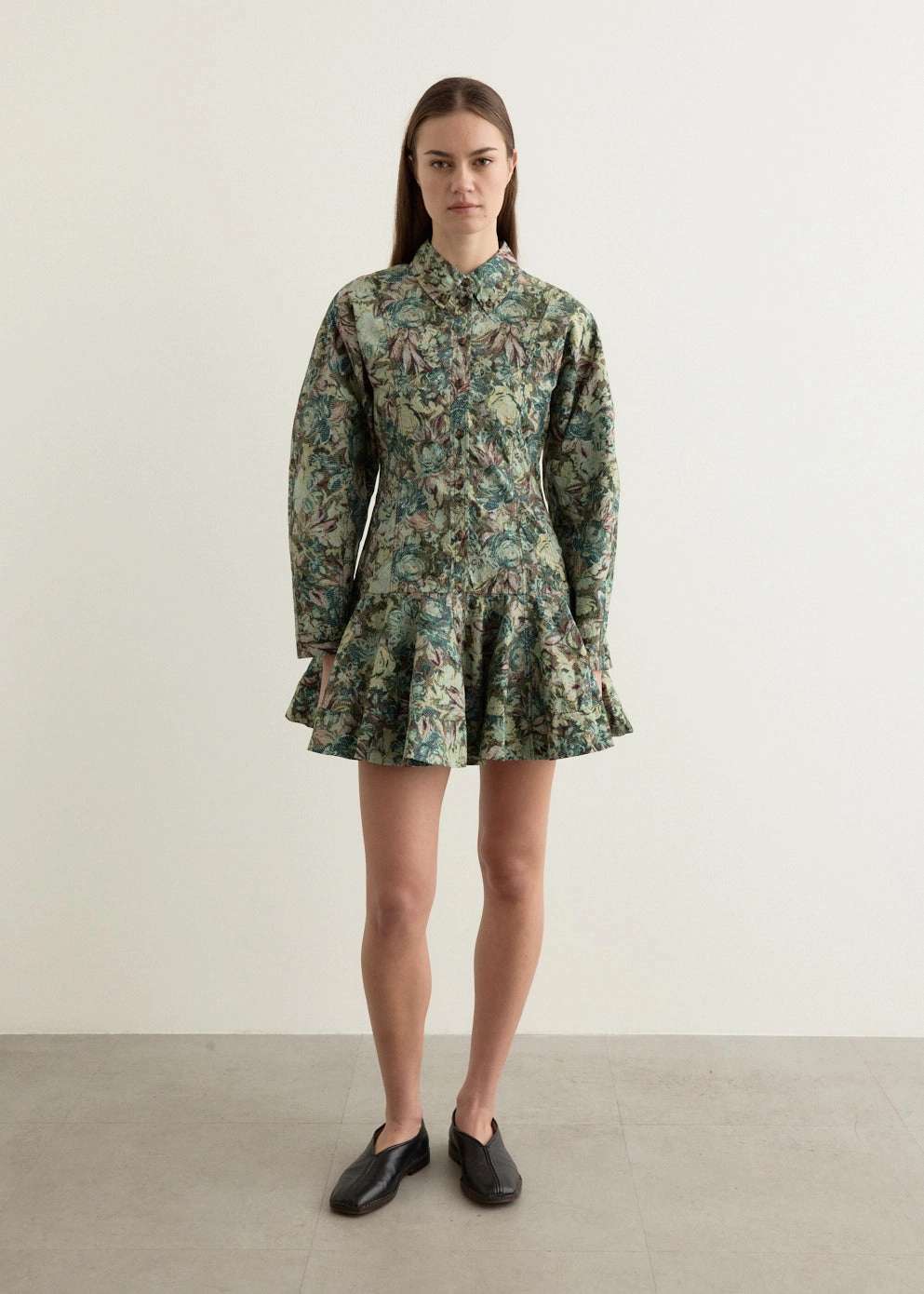 Printed Stretch Cotton Buttoned Mini Dress Relaxed-fit gown