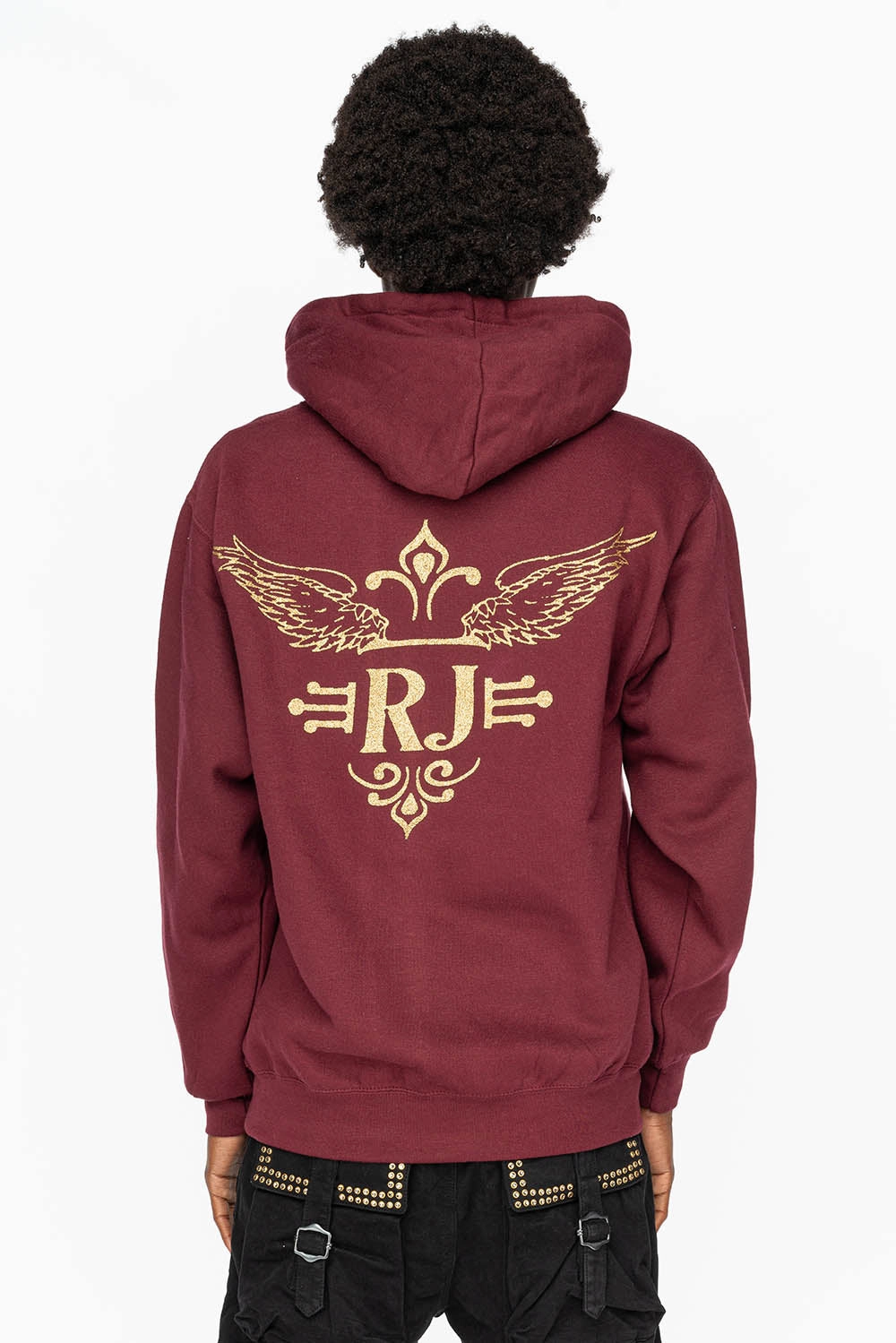 PULLOVER HOODIE IN BURGUNDY  WITH GOLD GLITTER FLEUR Odor Control Technology Warm And Comfortable