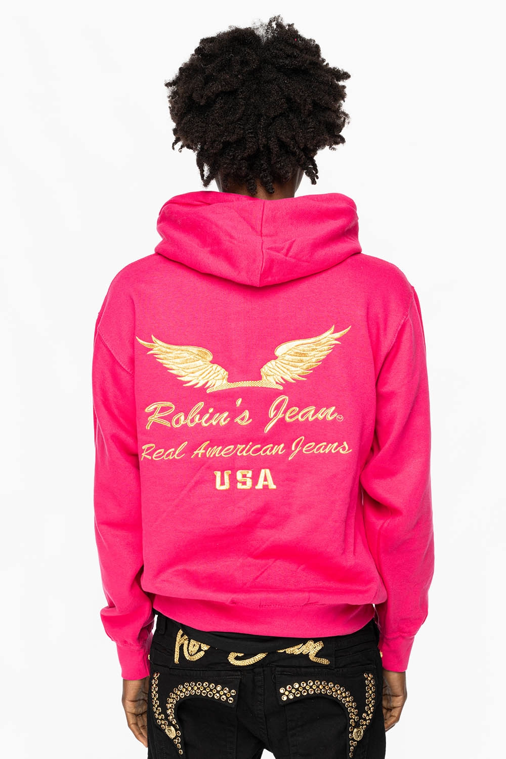 PULLOVER HOODIE IN FUSCHIA WITH GOLD WINGS EMBROIDERY Casual Knit Style Abrasion Resistant Edging