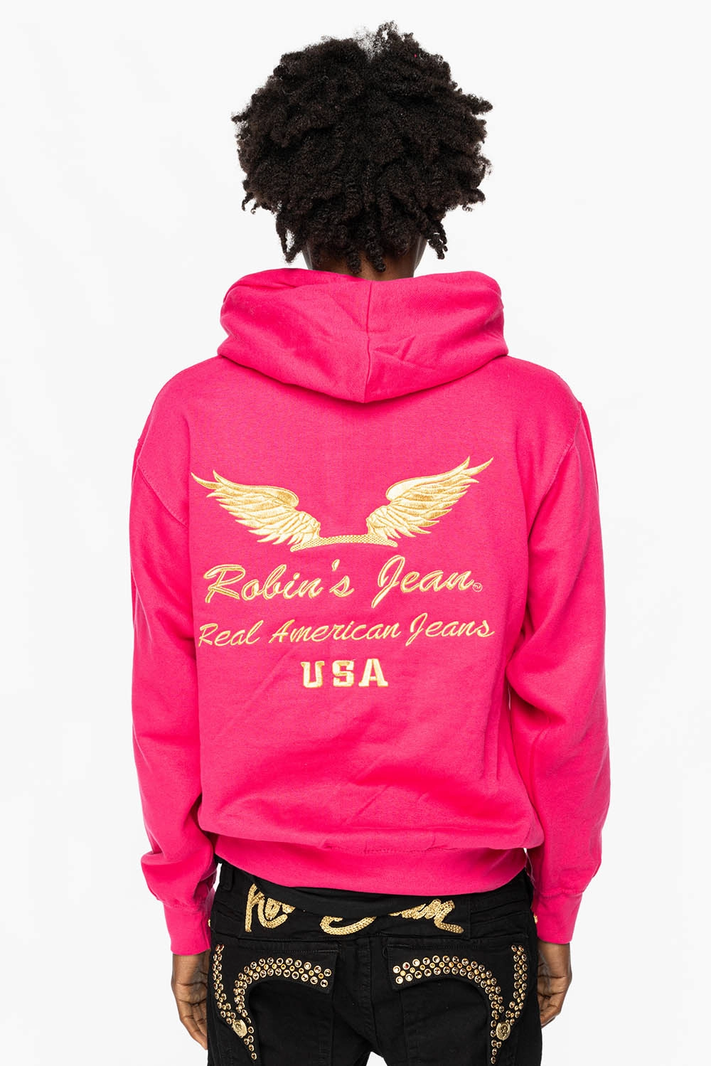 Relaxed Look PULLOVER HOODIE IN FUSCHIA WITH GOLD WINGS EMBROIDERY