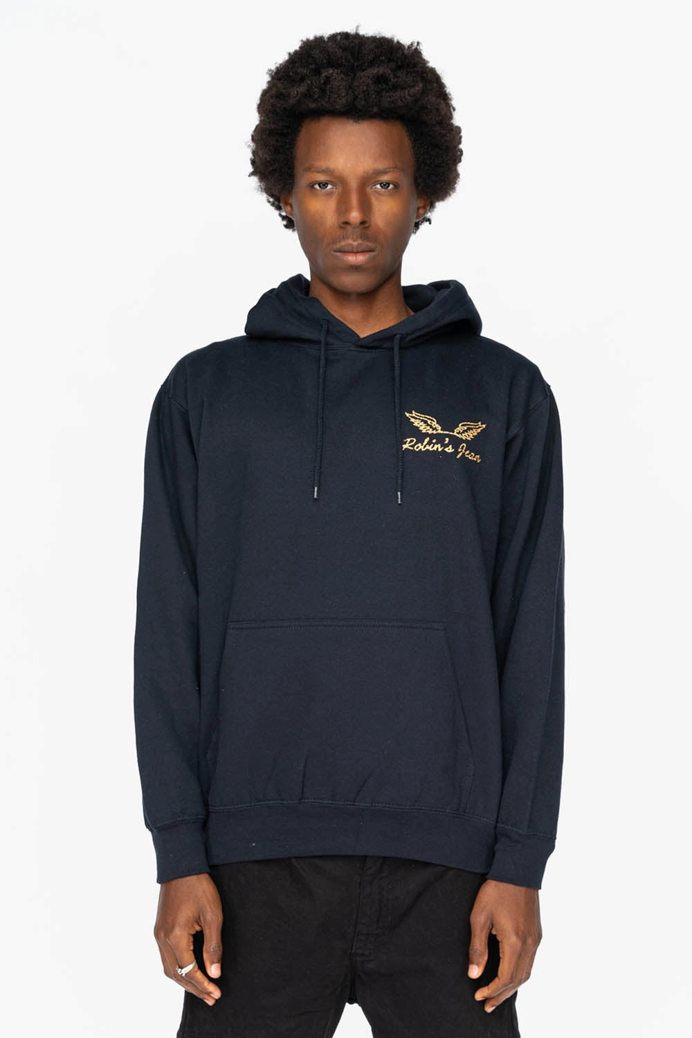 PULLOVER HOODIE IN NAVY  WITH GOLD GLITTER FLEUR Timeless Layering Flexible Design Fit