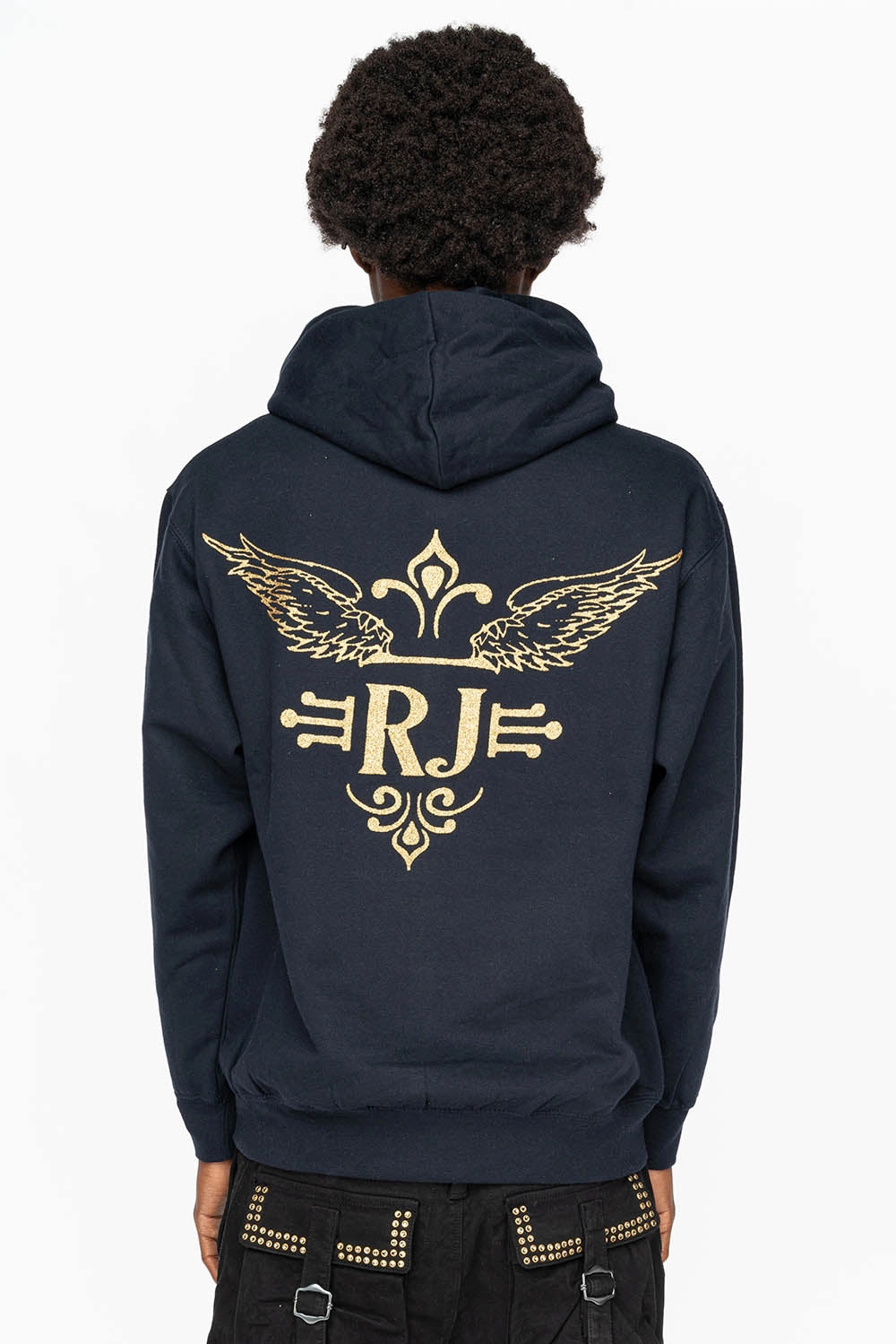 PULLOVER HOODIE IN NAVY  WITH GOLD GLITTER FLEUR Adjustable drawstring