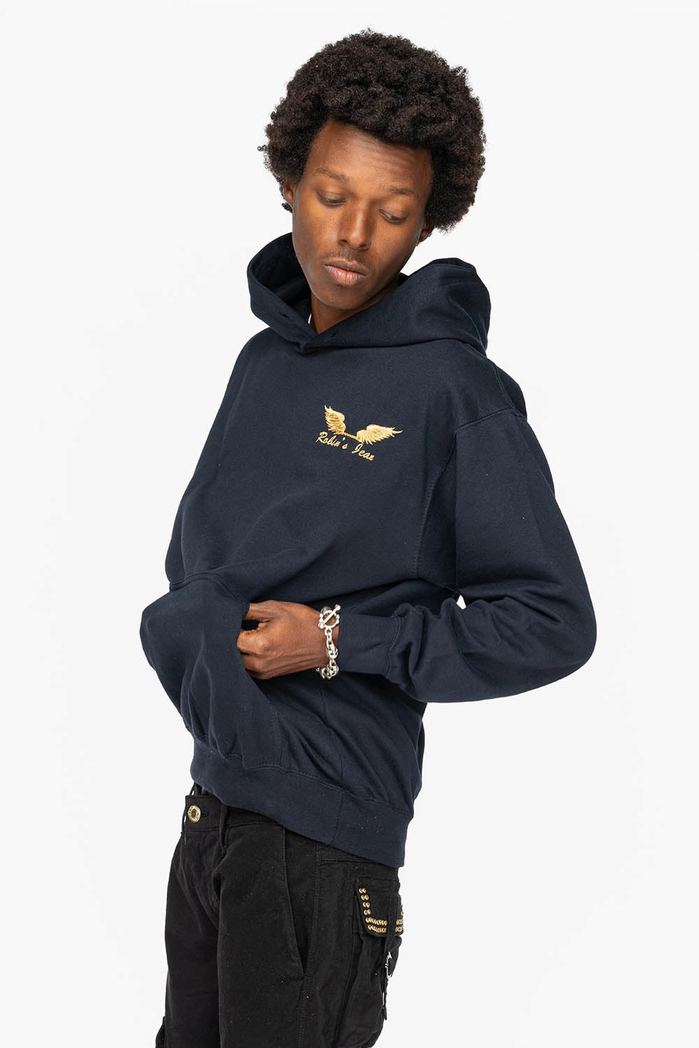 PULLOVER HOODIE IN NAVY WITH GOLD WINGS EMBROIDERY Cozy Performance