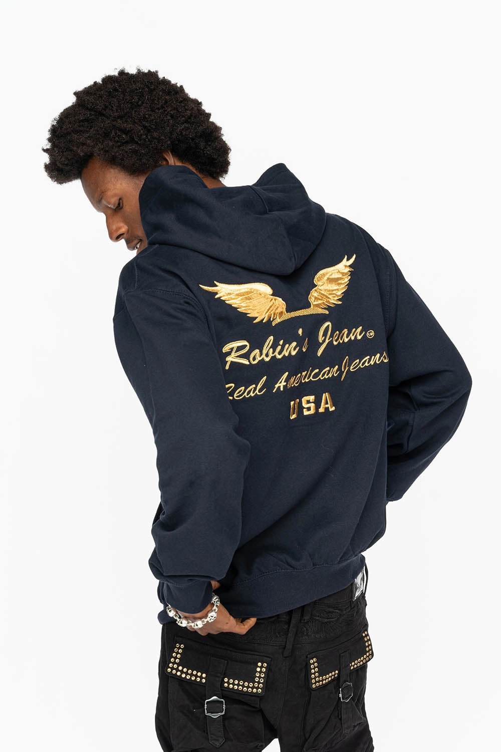 All Season Wear PULLOVER HOODIE IN NAVY WITH GOLD WINGS EMBROIDERY