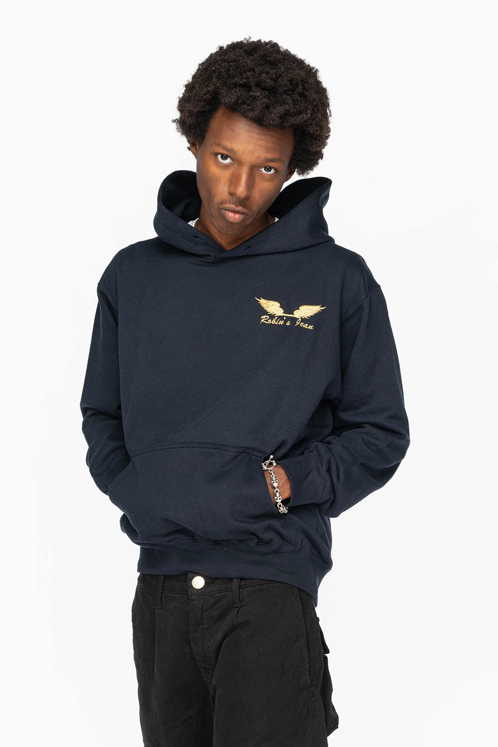PULLOVER HOODIE IN NAVY WITH GOLD WINGS EMBROIDERY Cozy Texture