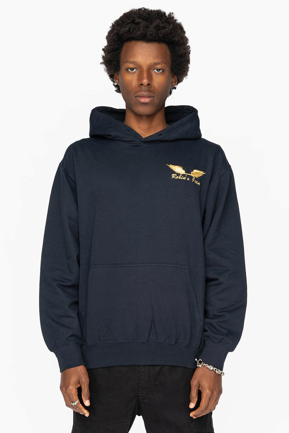 Comfy Style Multipanel Construction PULLOVER HOODIE IN NAVY WITH GOLD WINGS EMBROIDERY