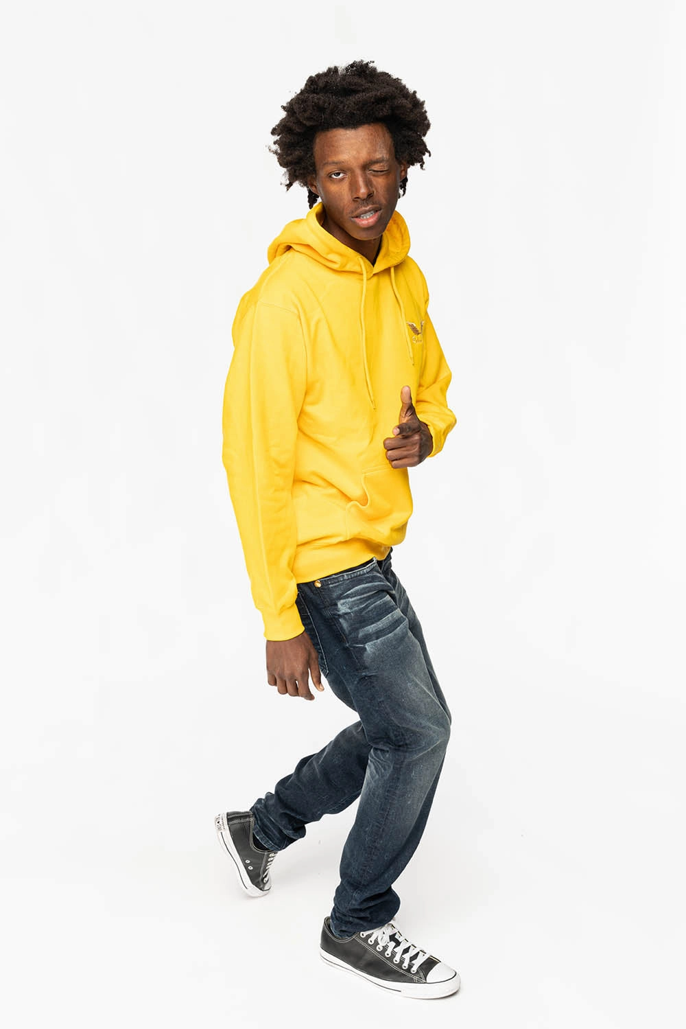 PULLOVER HOODIE IN YELLOW WITH GOLD WINGS EMBROIDERY Versatile Piece Circular Knit Technology