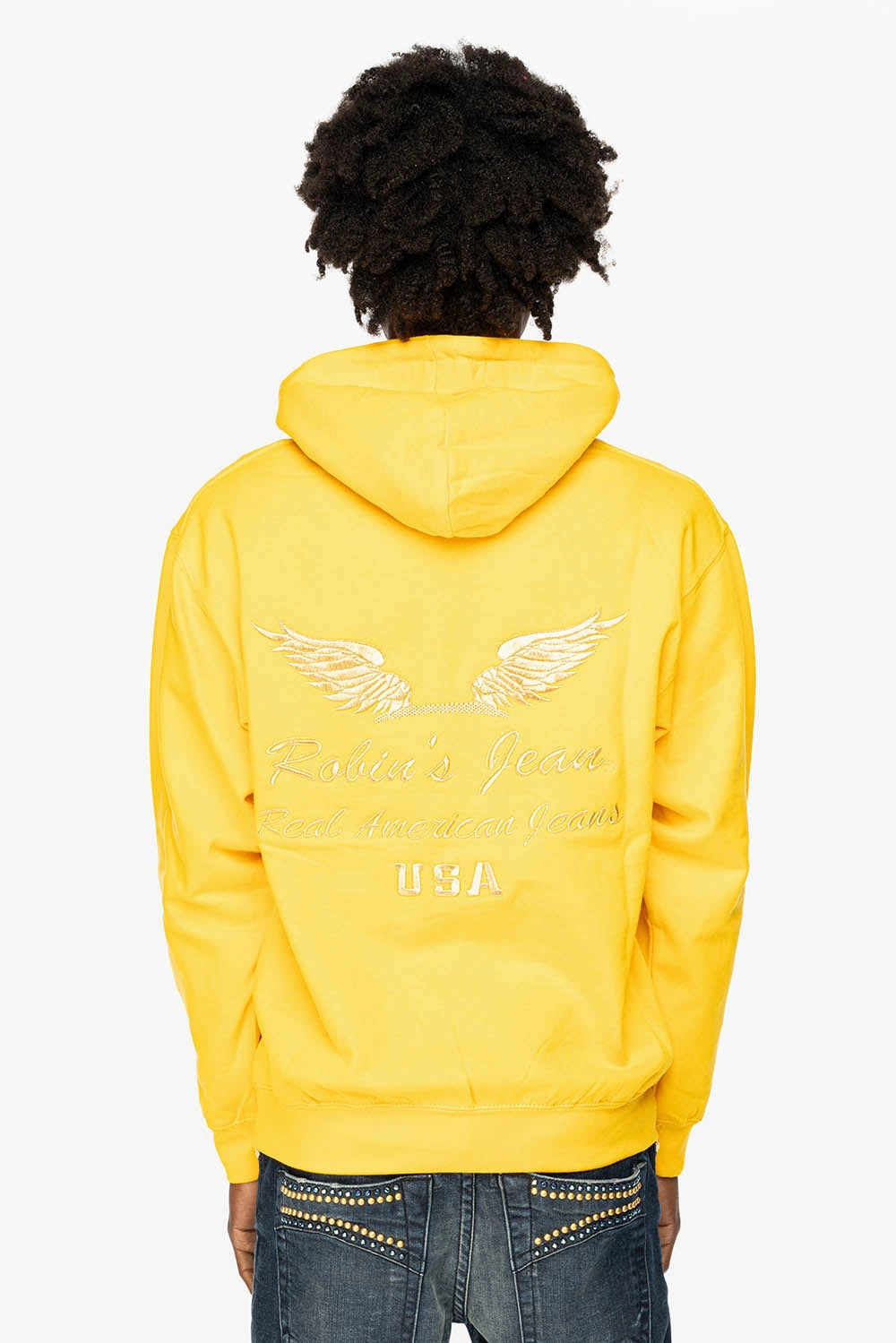PULLOVER HOODIE IN YELLOW WITH GOLD WINGS EMBROIDERY Chill Fit Warm and Cozy