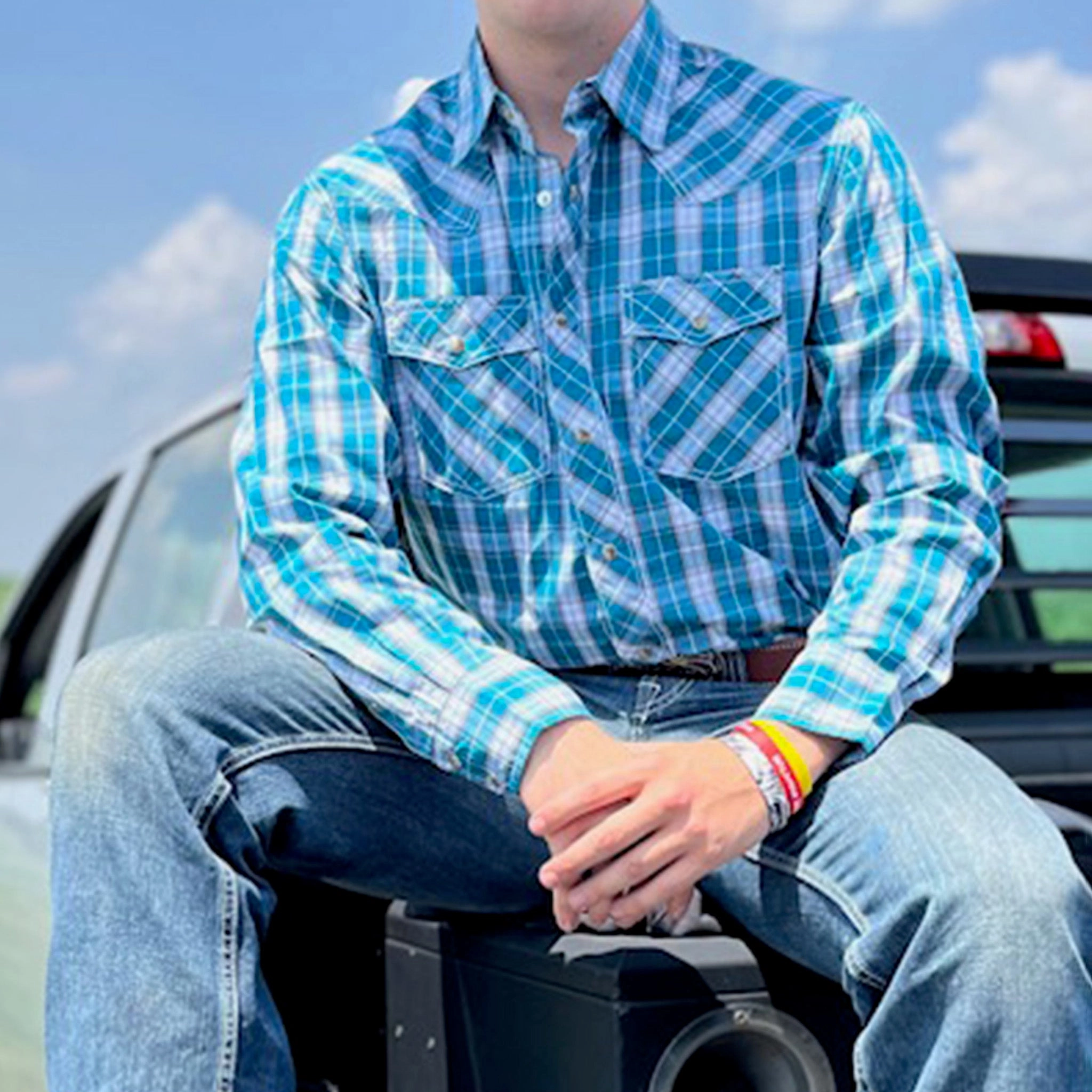 Sustainable Manufacturing Process Wrangler Men's Teal & Brown Plaid Shirt