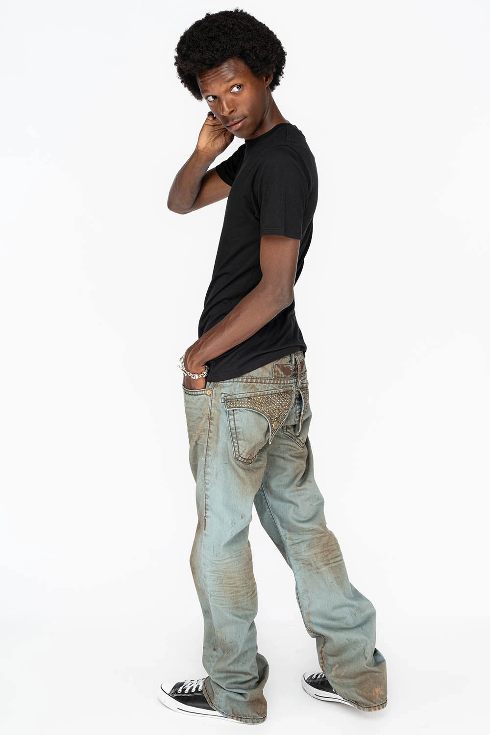 MENS LONG FLAP  BOOT CUT JEANS WITH CRYSTALS IN FASHION VINTAGE BLUE Minimalist Style Family Style Comfy