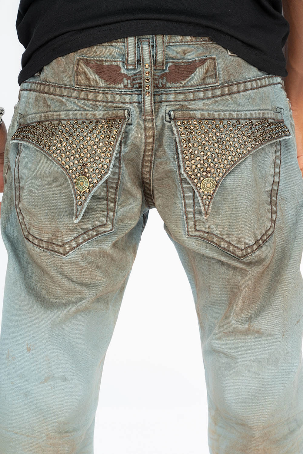 MENS LONG FLAP  BOOT CUT JEANS WITH CRYSTALS IN FASHION VINTAGE BLUE Multi Pocket Utility