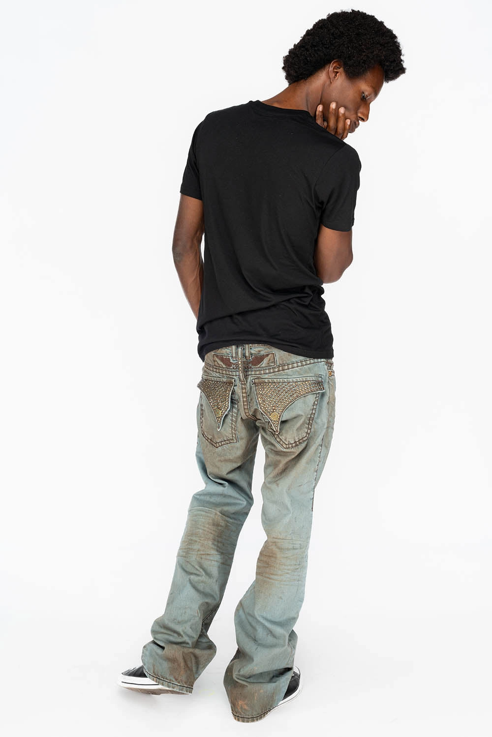 All Time Fit MENS LONG FLAP  BOOT CUT JEANS WITH CRYSTALS IN FASHION VINTAGE BLUE