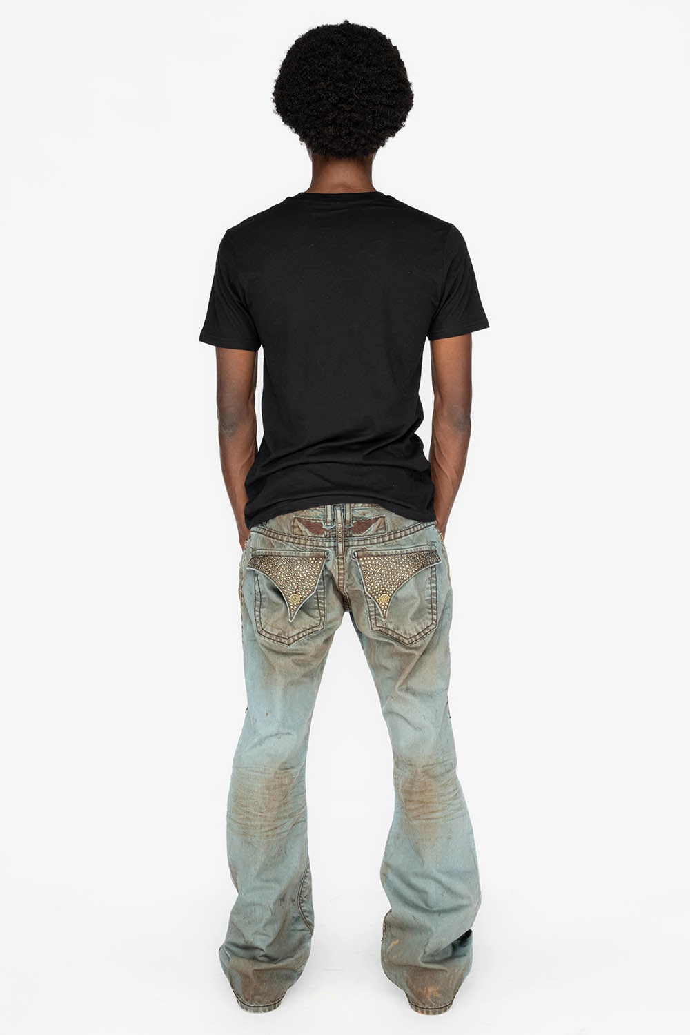 MENS LONG FLAP  BOOT CUT JEANS WITH CRYSTALS IN FASHION VINTAGE BLUE Hypoallergenic Material Composition High-waisted