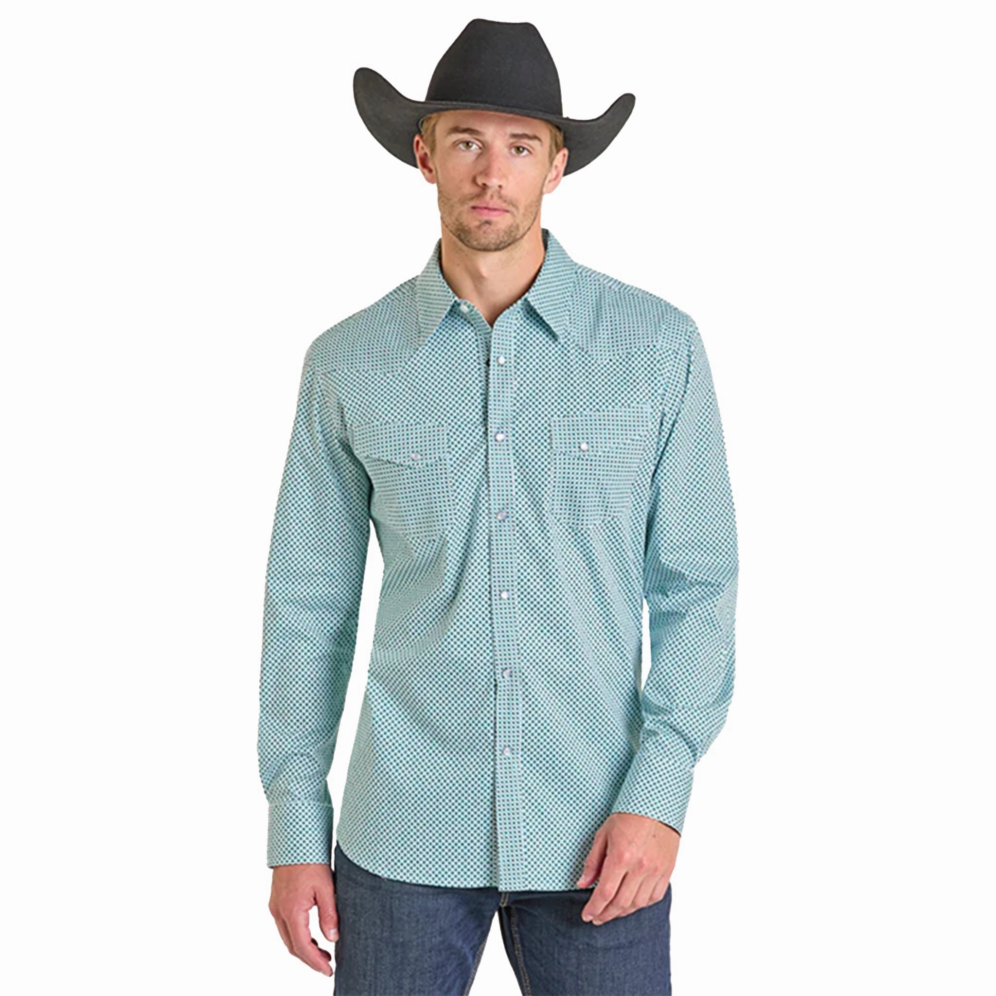 Rock & Roll Men's Turquoise Geometric Pearl Snap Seamless construction