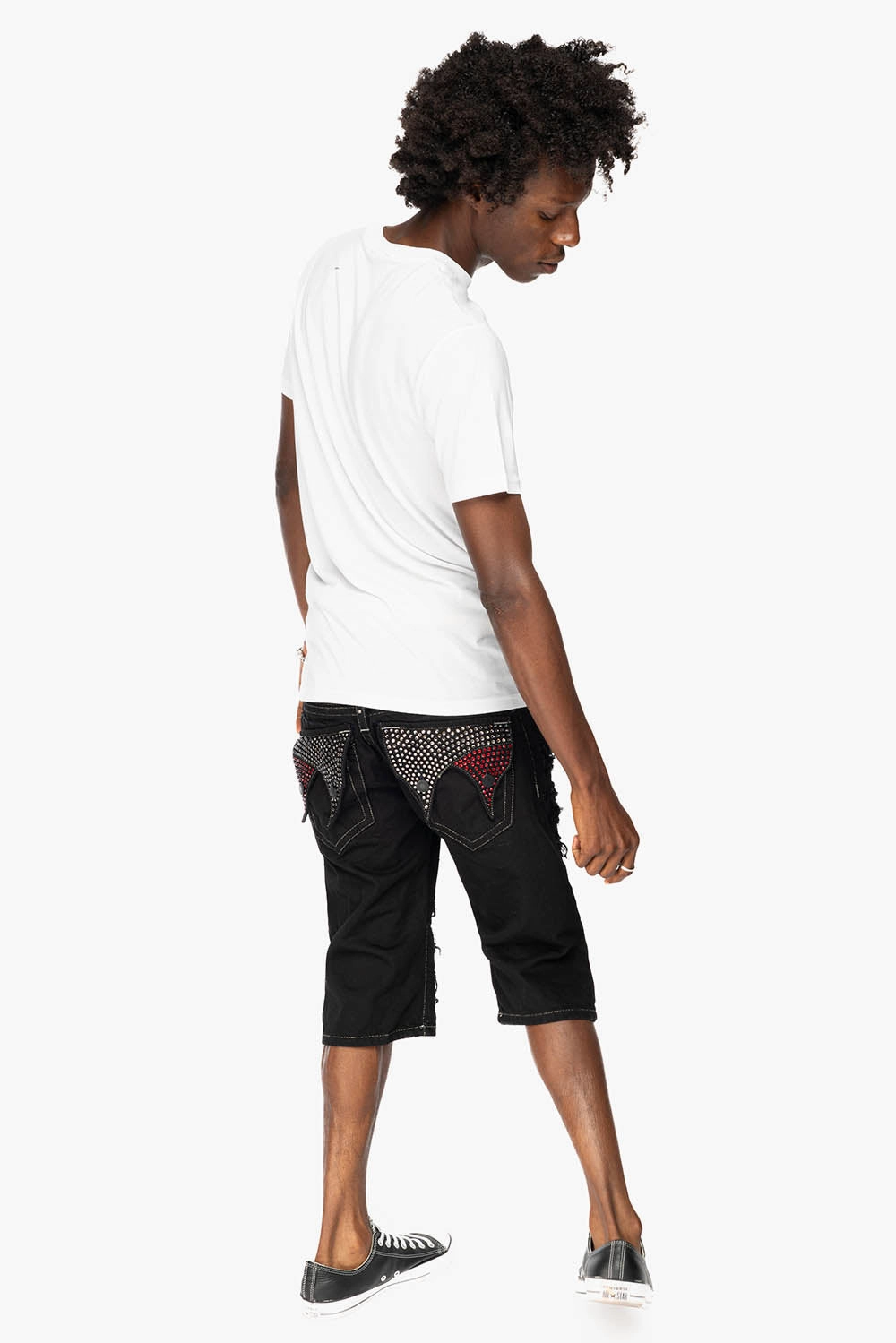 MENS LIMITED EDITION DOUBLE FLAP DESTROYED SHORTS  IN PURE BLACK WASH WITH  CRYSTALS Elegant Adult Fashion Traveler Gear Nature Lover Night Out