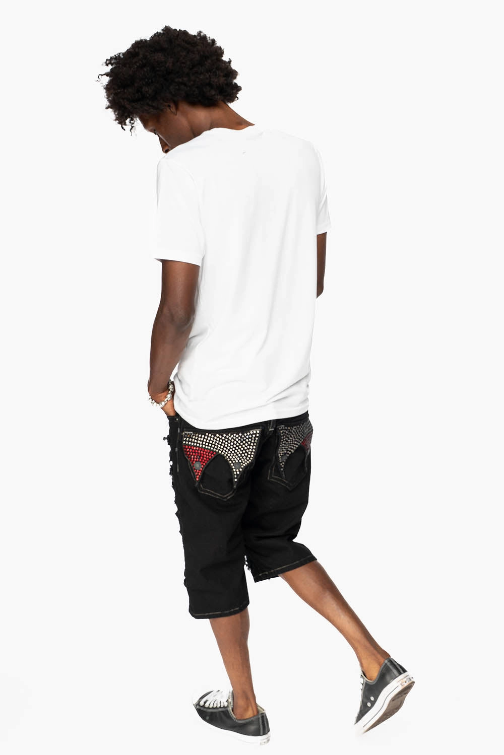 Flattering Waist Design MENS LIMITED EDITION DOUBLE FLAP DESTROYED SHORTS  IN PURE BLACK WASH WITH  CRYSTALS