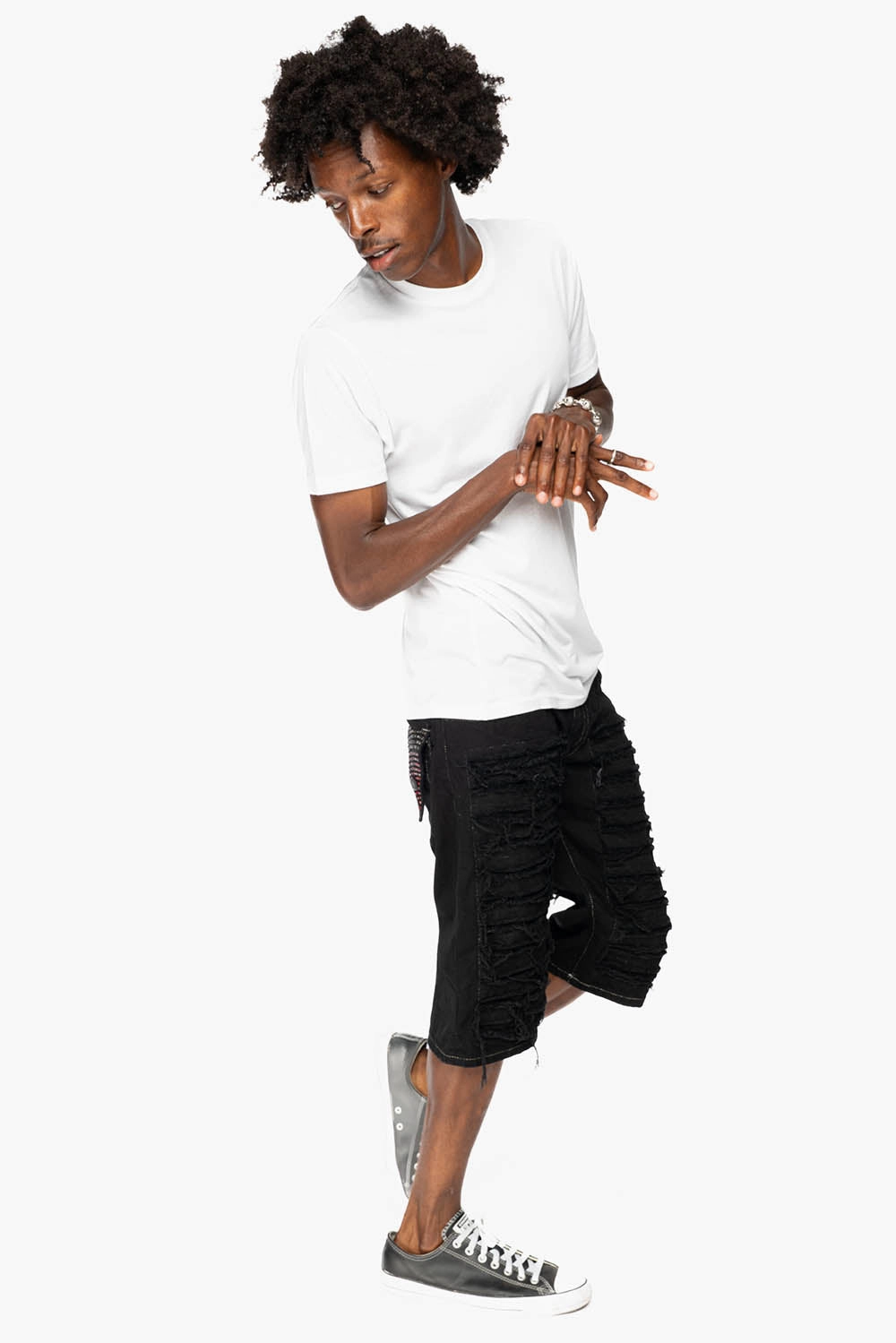 MENS LIMITED EDITION DOUBLE FLAP DESTROYED SHORTS  IN PURE BLACK WASH WITH  CRYSTALS Sharp Finish Party Look Classic Wear