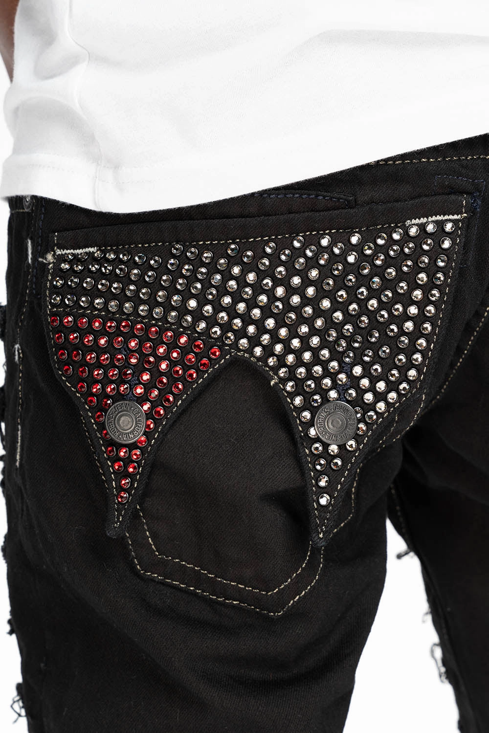 Built For Life MENS LIMITED EDITION DOUBLE FLAP DESTROYED SHORTS  IN PURE BLACK WASH WITH  CRYSTALS
