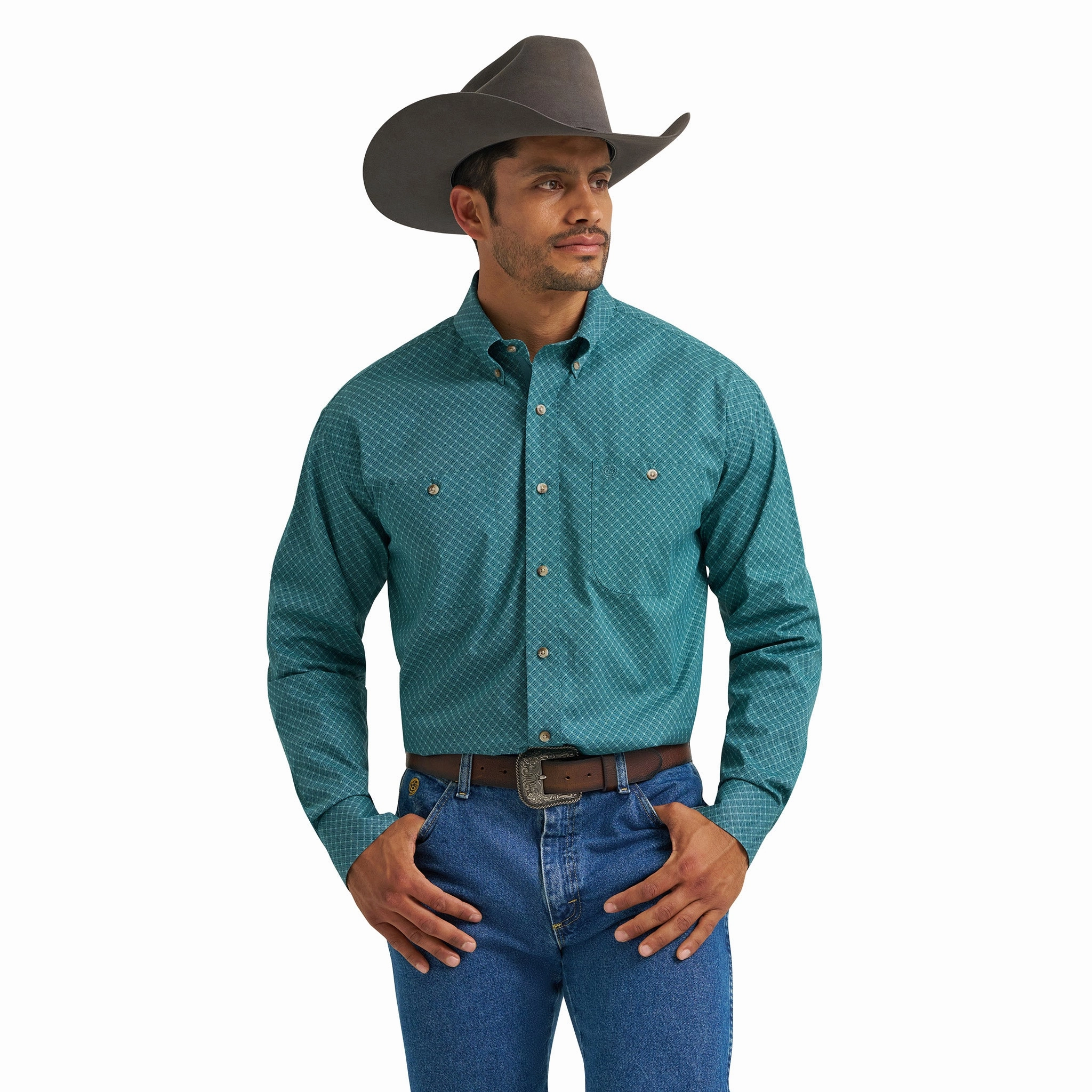 Nautical Look Wrinkle-Free Wrangler George Strait Teal Diamond Long Sleeve Shirt