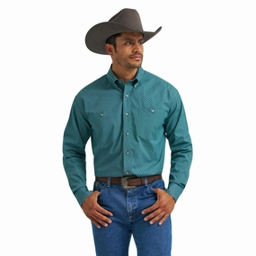 Nautical Look Wrinkle-Free Wrangler George Strait Teal Diamond Long Sleeve Shirt
