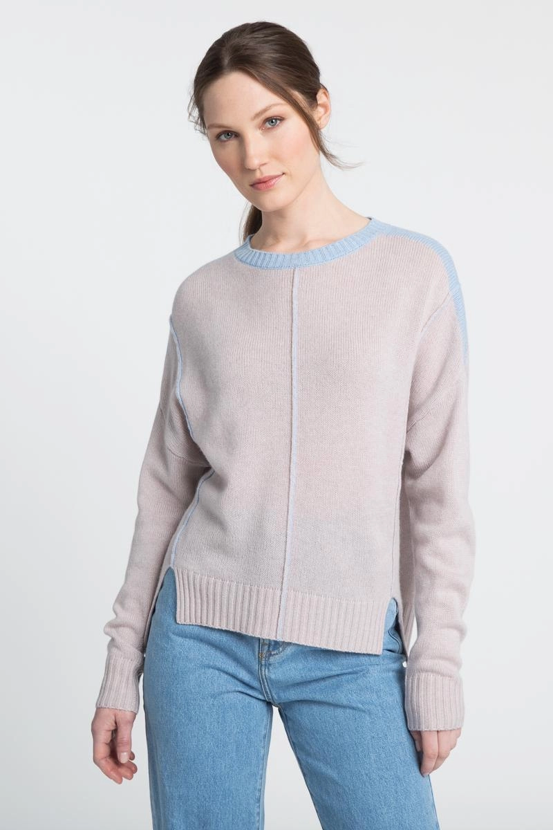 Exposed Seam Hi-Low Crew Sweater Comfy Stretch Design Thermal Lining