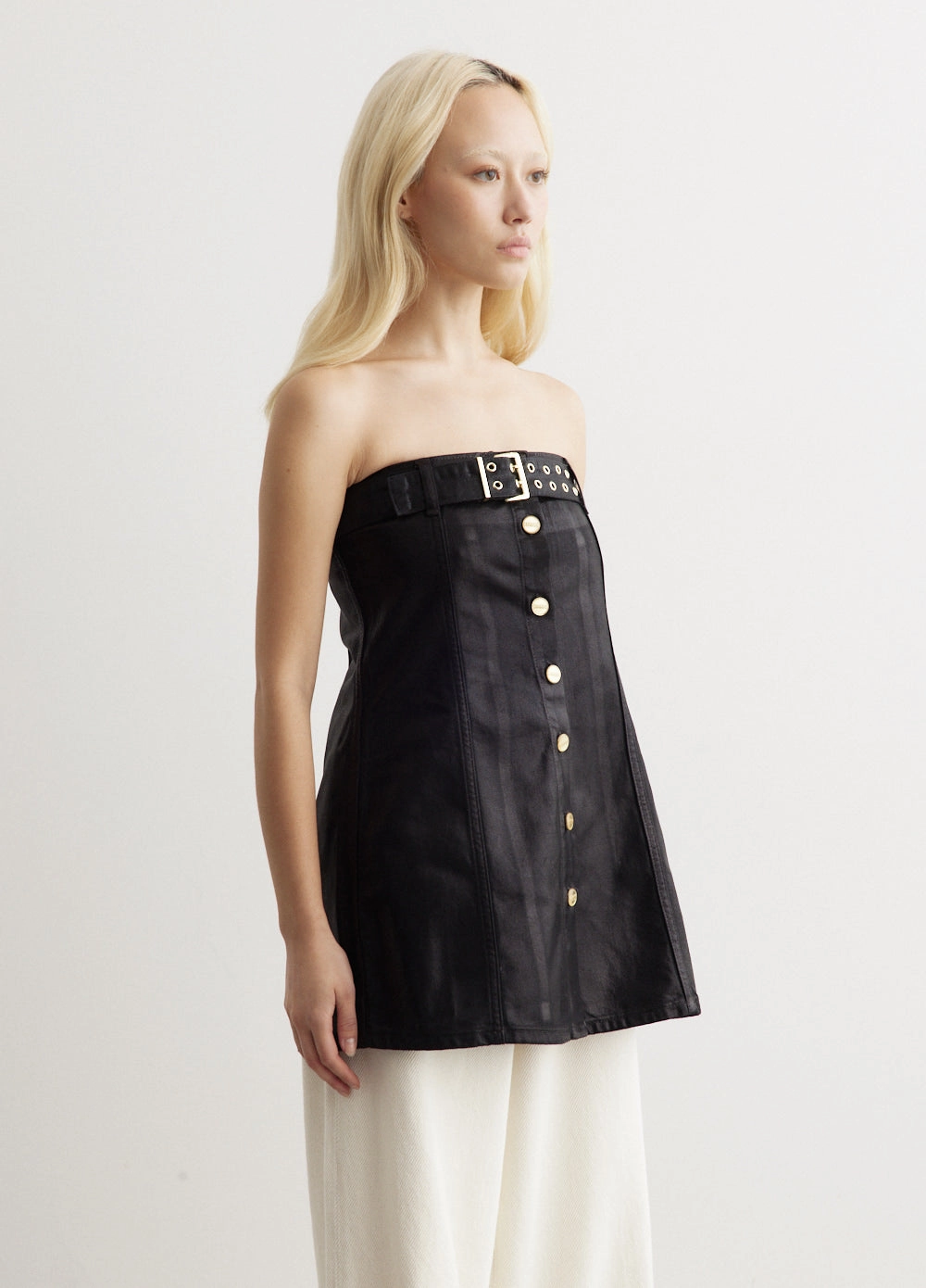 Foil Denim Corsage Top Flexible Placket Structure No Chafe Edging