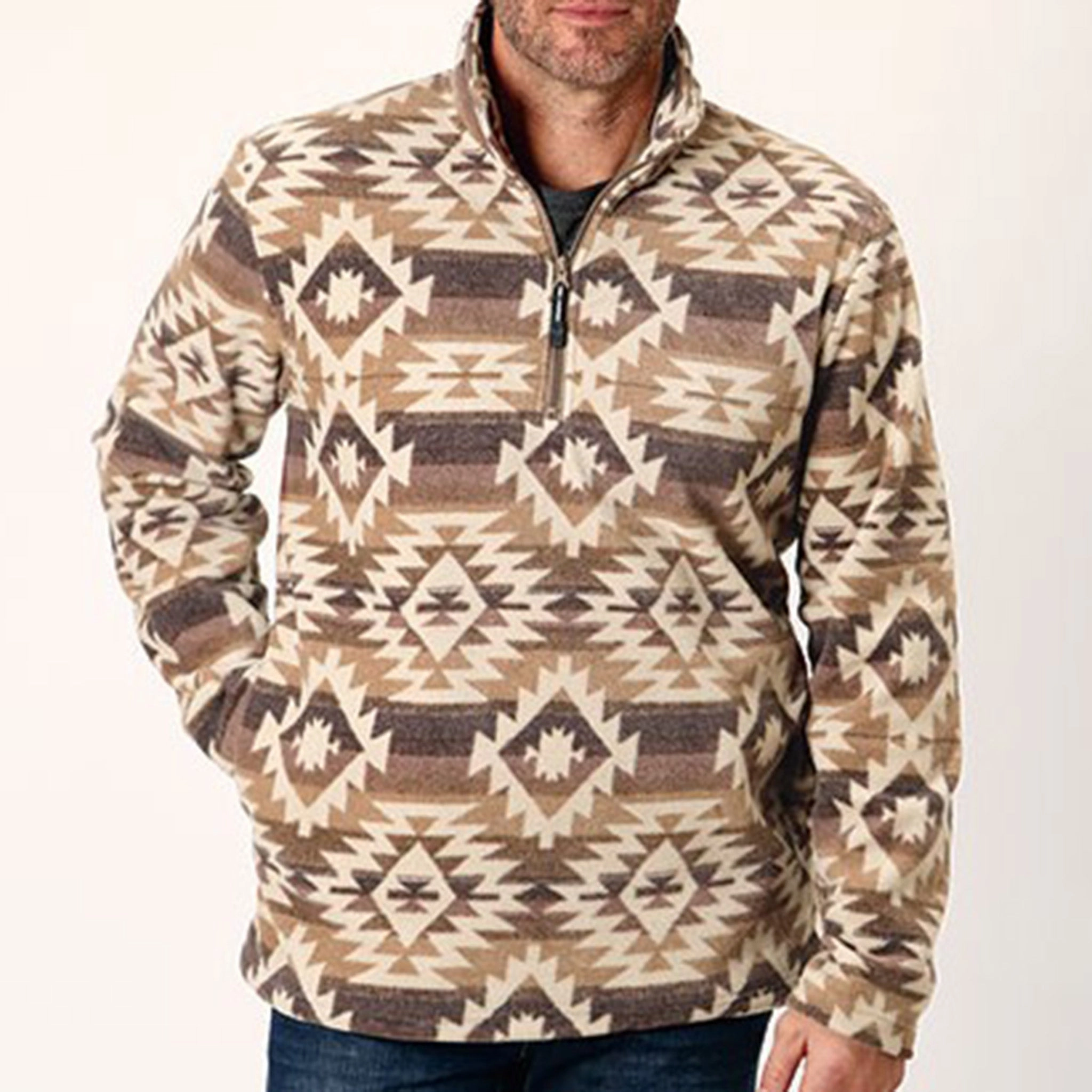 Double Breasted Hooded Comfort Fit Roper Men's Brown & Khaki Aztec 1/4 Zip